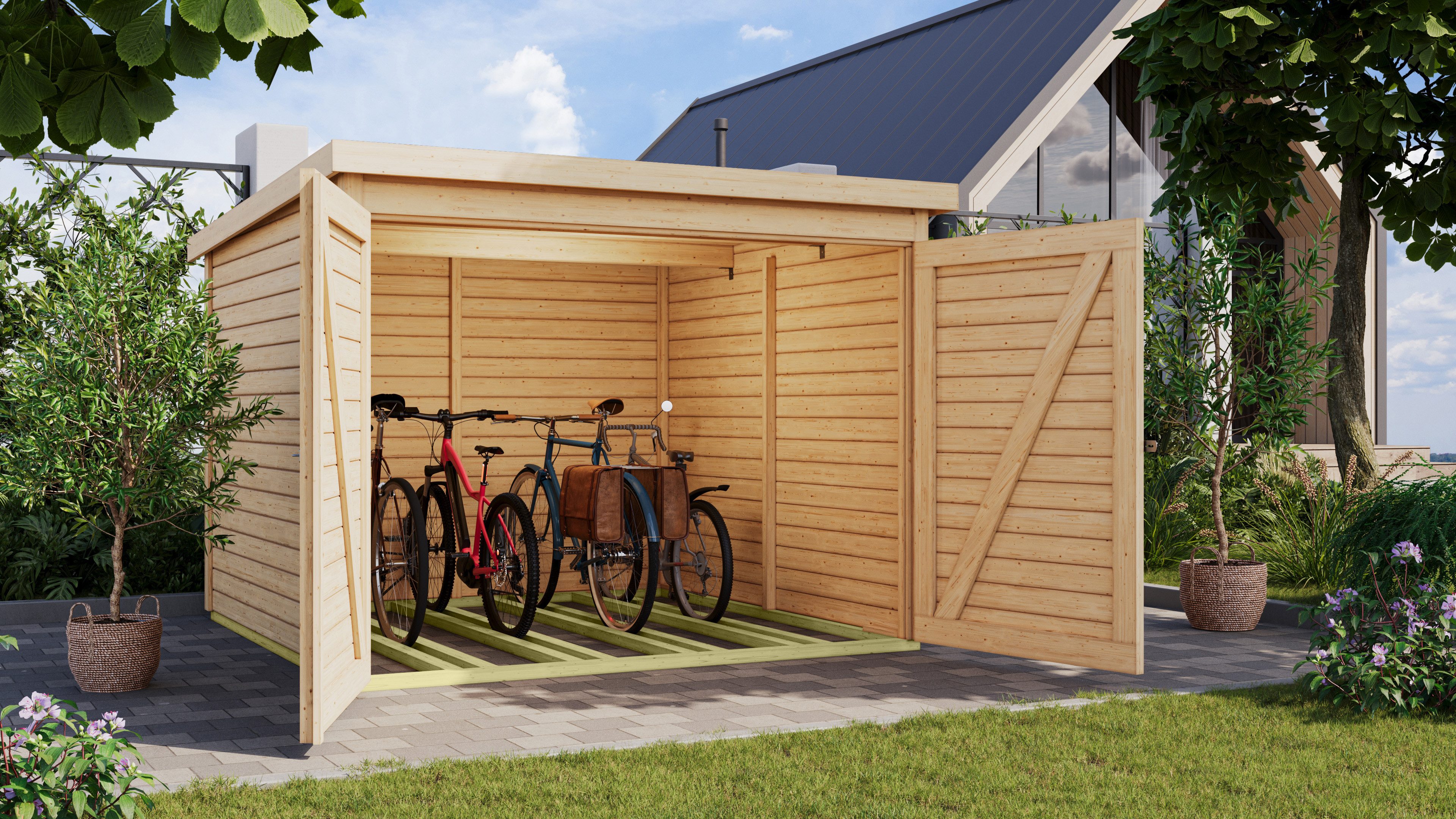 Karibu Gartenhaus Fahrradgarage aus Fichtenholz mit 4 Stellplätzen, BxT: 213x217 cm, (1 Stück, Fahrradgarage 4 Räder - naturbelassen), naturbelassen