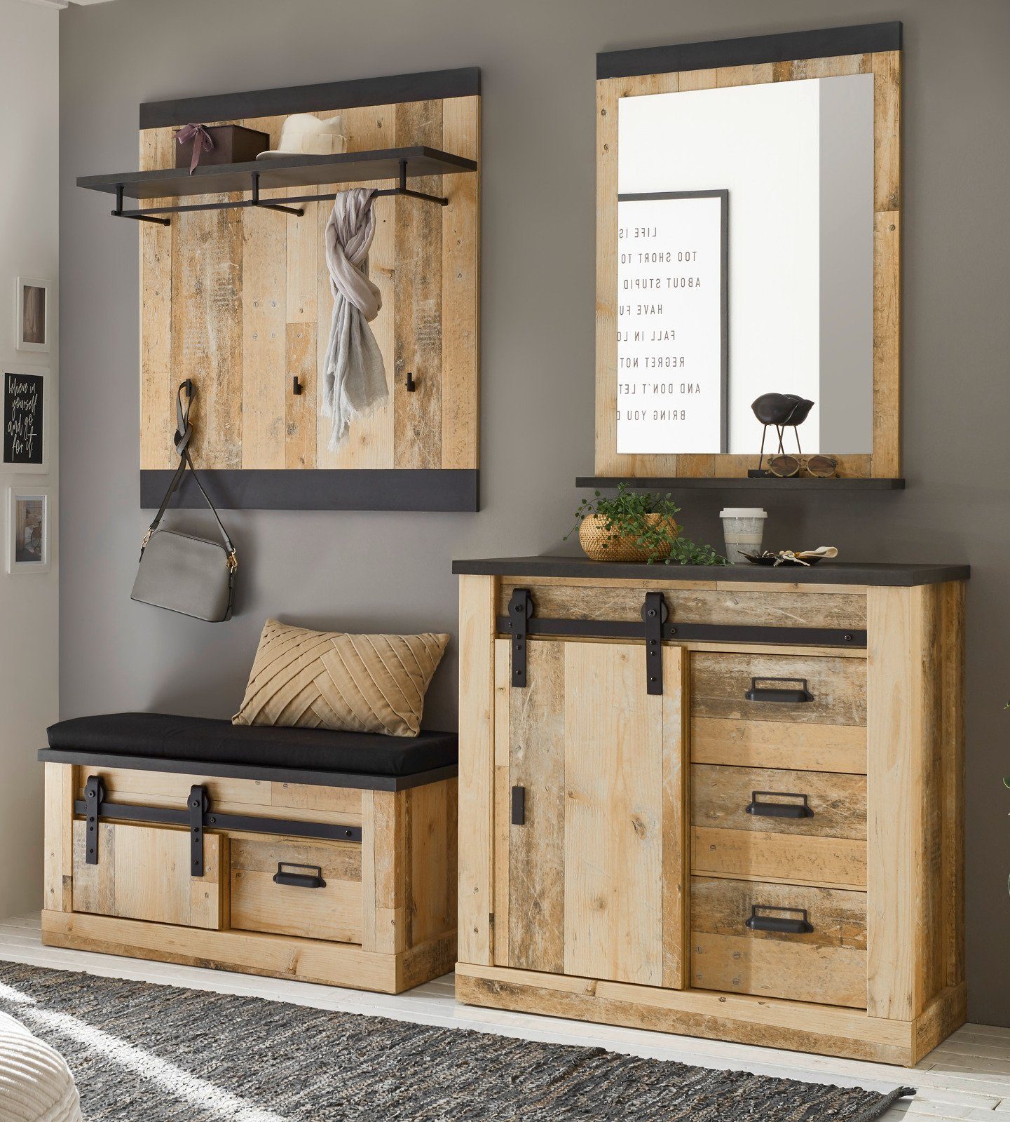 Furn.Design Garderoben-Set Stove, (Flurgarderobe 5-teilig in Used Wood hell, ca. 206 x 201 cm), inklusive Kissen, Soft-Close-Funktion