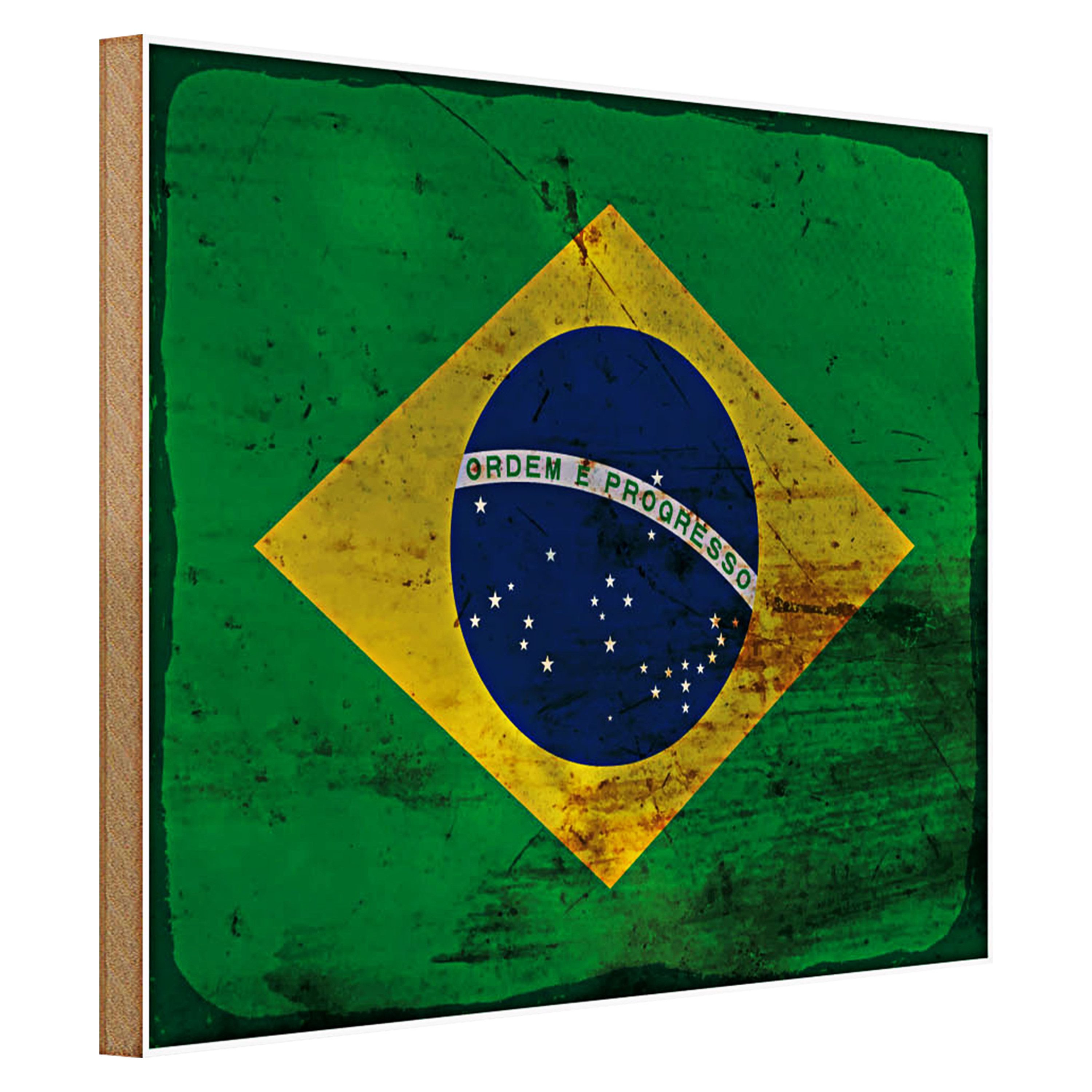 Roomando Holzbild Flagge Brasilien 40x30cm Flag of Brazil Rost