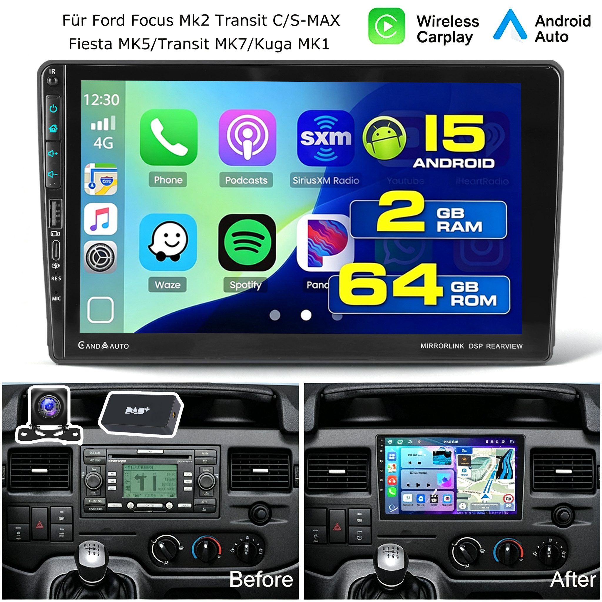 ESSGOO DAB+ Android 15 Autoradio Für Ford S-Max/Fiesta/Focus Carplay Mit USB Navigationsgerät (Carplay Android Auto Bluetooth EQ USB GPS Navi WIFI Touchscreen)