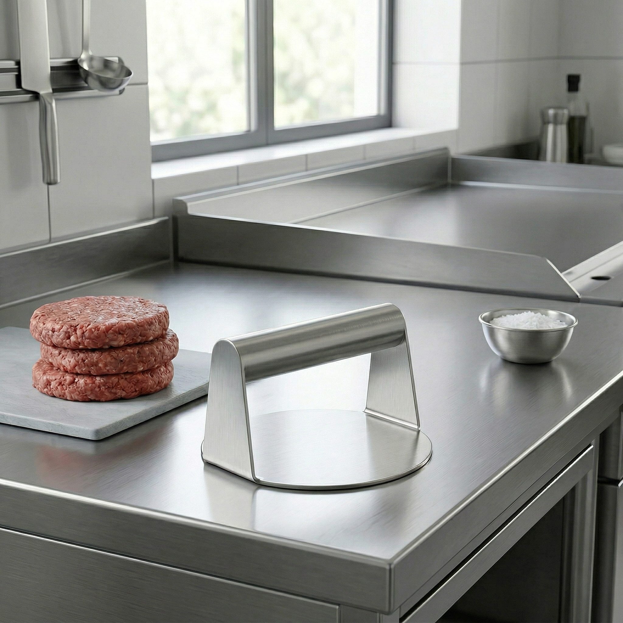 Arendo Burgerpresse aus Edelstahl, für Smash Burger, Smasher 14 cm Durchmesser (5,5 Zoll) (1 St), Edelstahl, leicht zu reinigen, hitzebeständig, geschmacksneutr – Bild 3 von 5