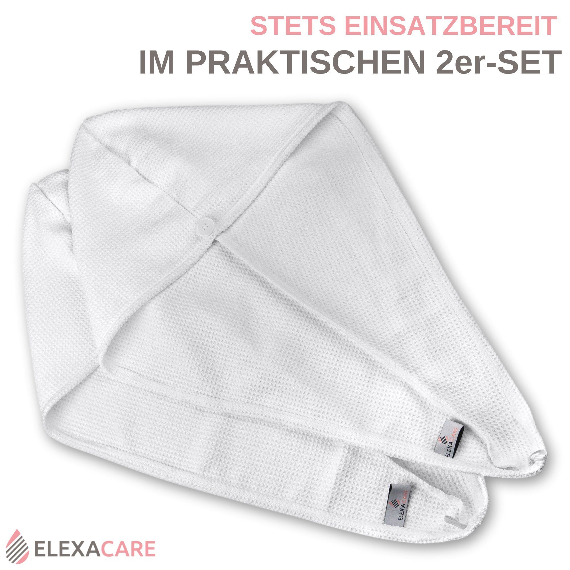 ELEXACARE Turban-Handtuch Haarturban mit Knopf, Mikrofaser (2-St), Turbanhandtuch mit Knopf und Schlaufe – Bild 3 von 5