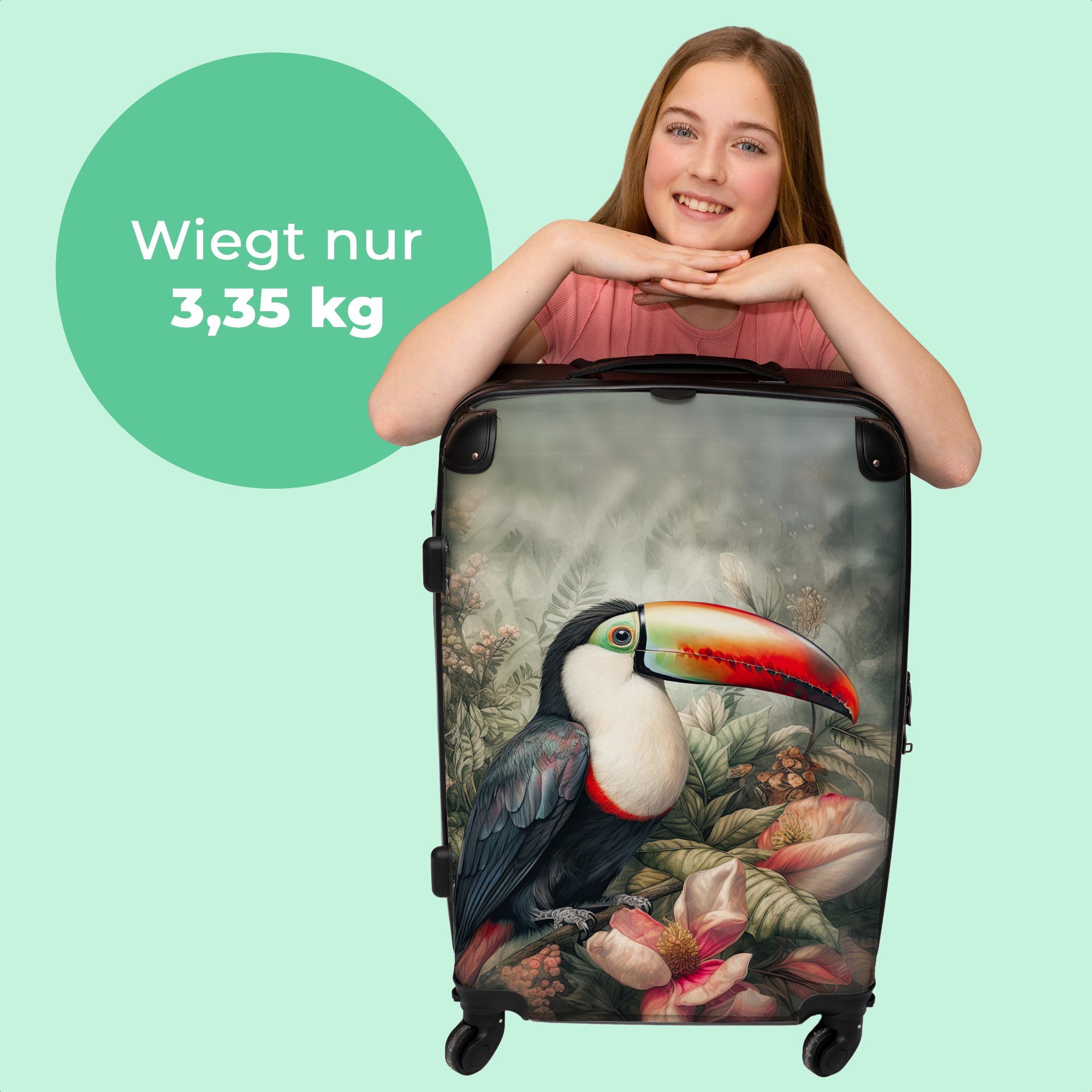 Rollen - Rollen, Pflanzen Große Rollkoffer - Tropisch, 4 4 Trolley - mit Koffer - Aufgabegepäck NoBoringSuitcases.com© - Tukan Vögel 67x43x25cm Blumen Reisekoffer