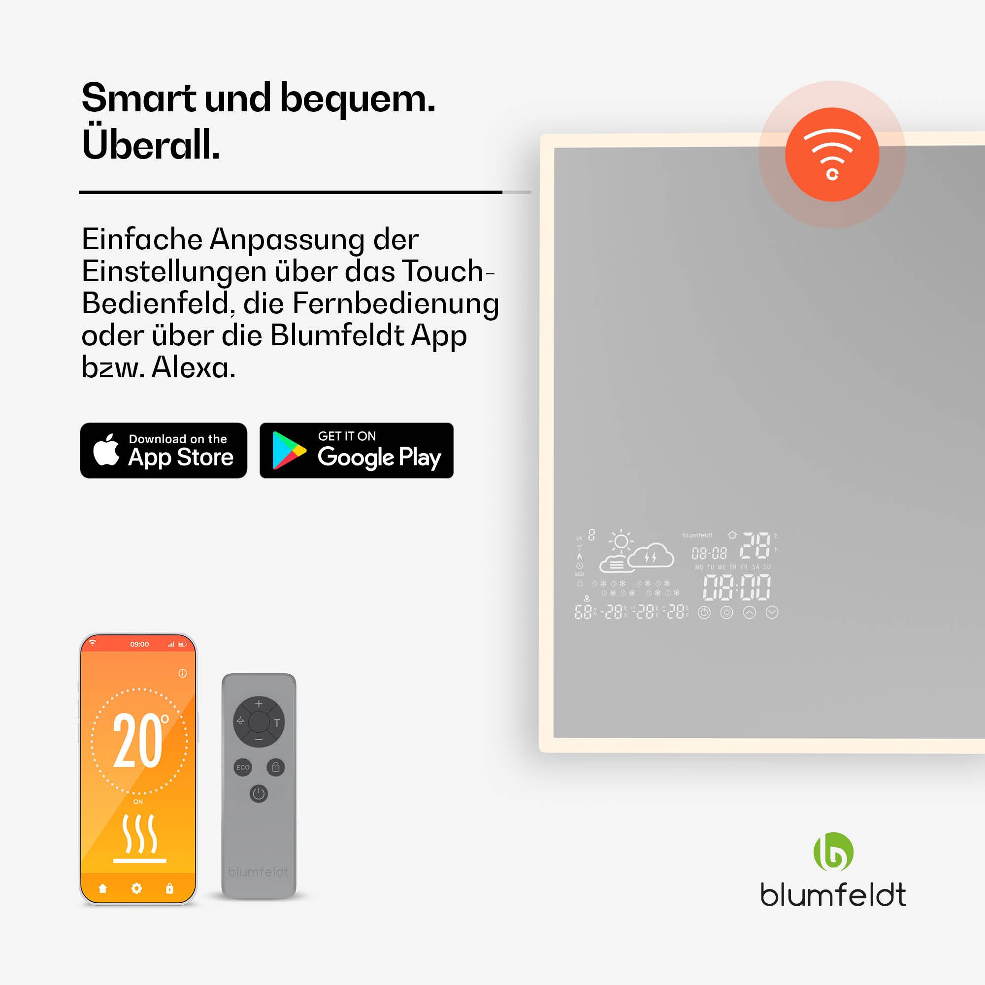 blumfeldt Infrarotheizung ReflectiHeat, elektrische Heizkörper Mirror Timer App LED 500 W