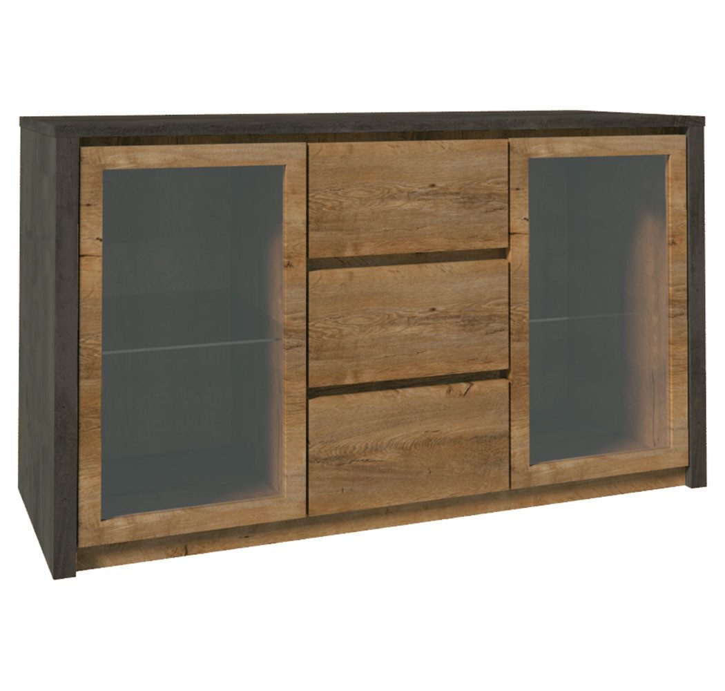 Feldmann-Wohnen Kombikommode Montana (2 Glastüren, 2 Glasböden, 3 Schubladen, 1 St., moderne Holzoptik, Griffmulden), 140x43x79cm Eiche Lefkas / Grau