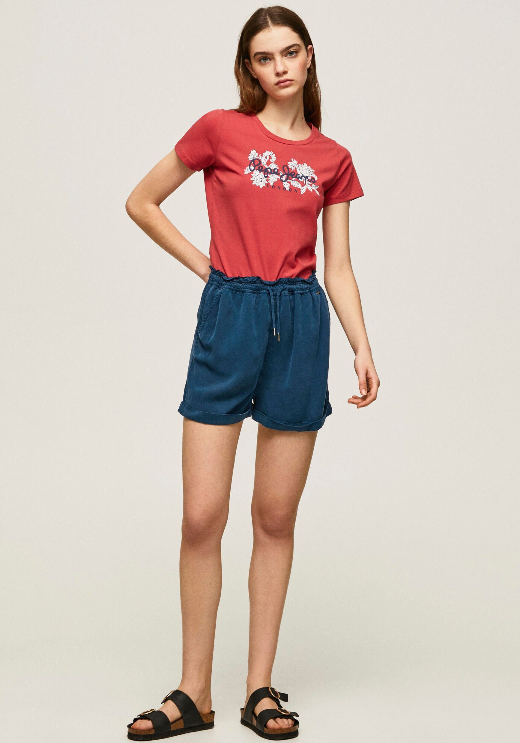 Pepe Jeans Rundhalsshirt und red Stretch floralem studio Logo-Print NEREA mit