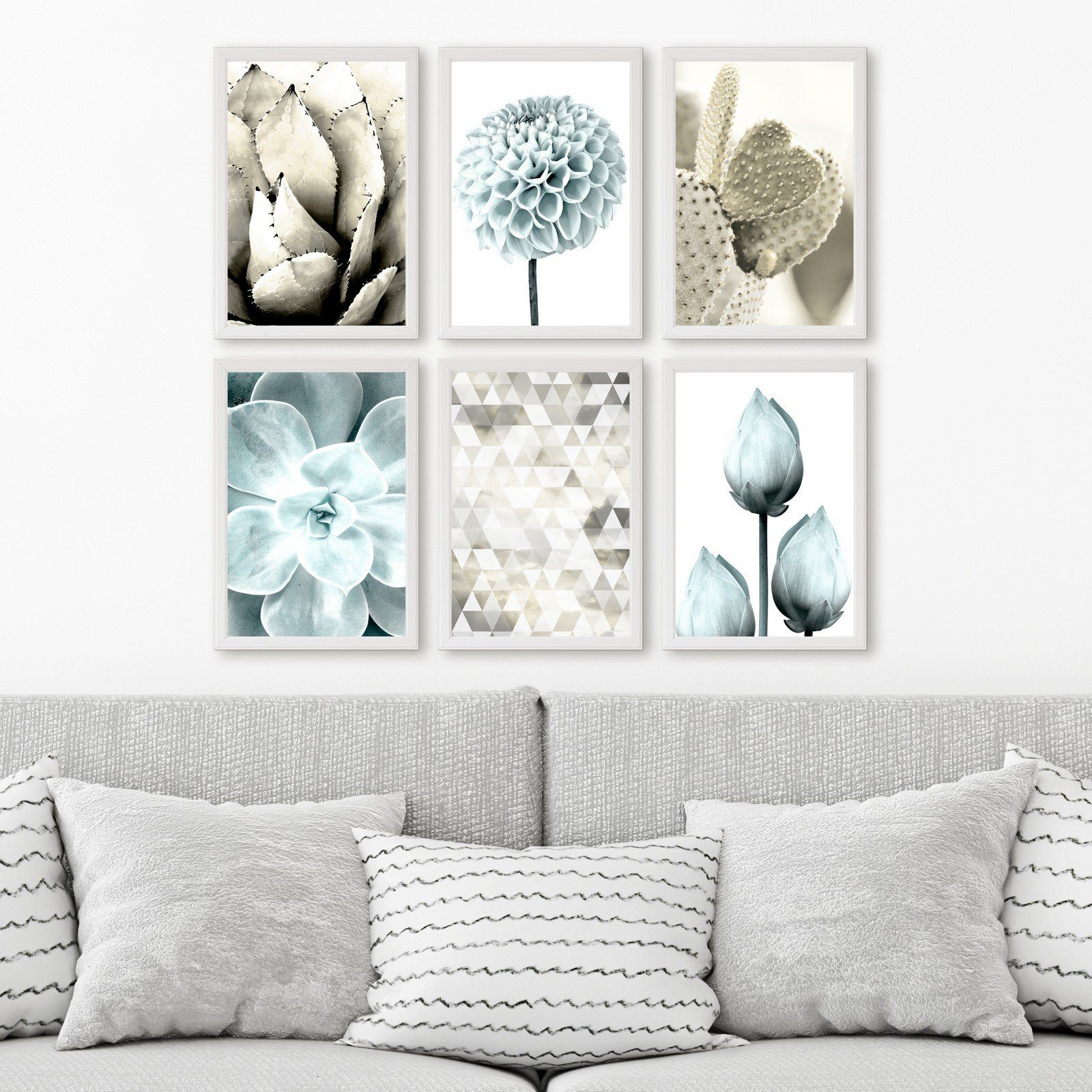 homestyle-accessoires Poster Bilderset Wandbilder Bilder FLOWERS SUCCULENTS BEIGE TÜRKIS 6er SET, - Ohne Bilderrahmen - sorgfältige & sichere Verpackung