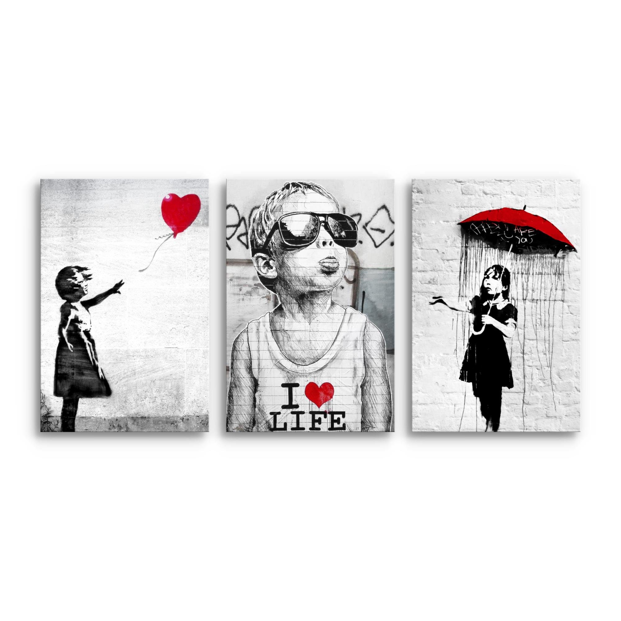 Novart Bild Wandbilder Set Banksy Style Collage - 3 Bilder Wohnzimmer Stree günstig online kaufen