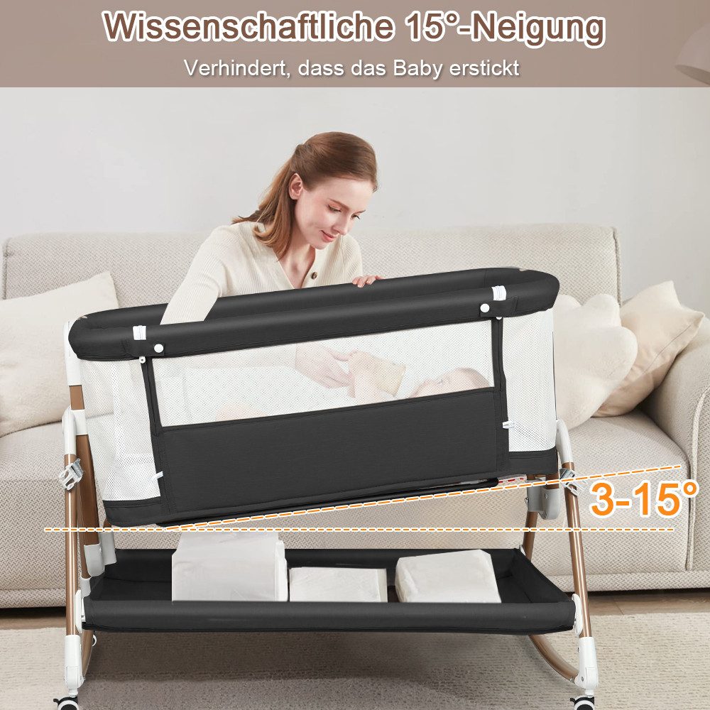 JEOBEST Beistellbett 3 in 1 Beistellbett Stubenwagen Babybett Baby-Reisebett, 6-stufige Höhenverstellung, mit Rollen, Matratze und Moskitonetz