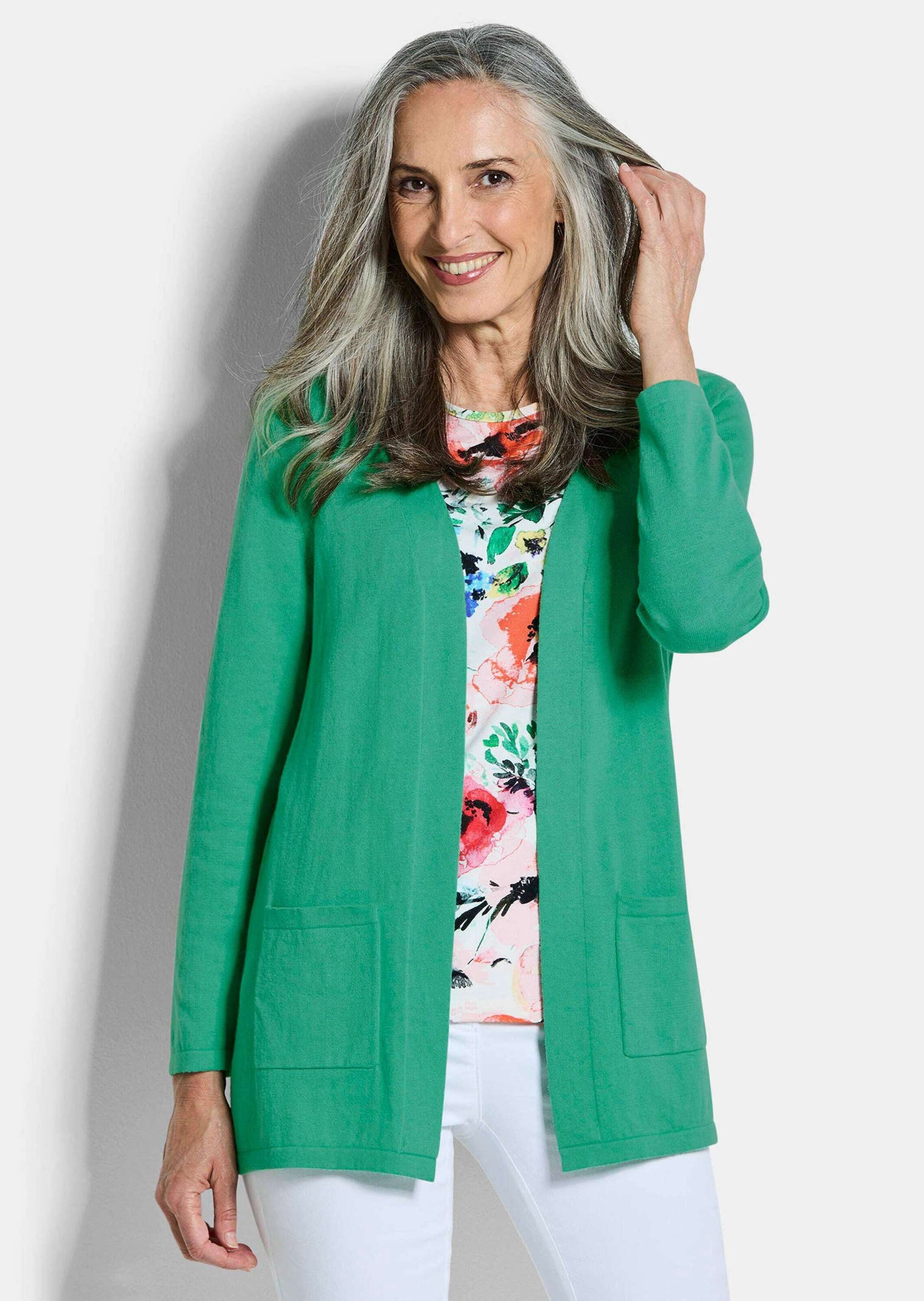 GOLDNER Strickjacke Elegante Strickjacke mit Kaschmir Longjacke ohne Verschluss mit aufgesetzten Taschen und Langarm