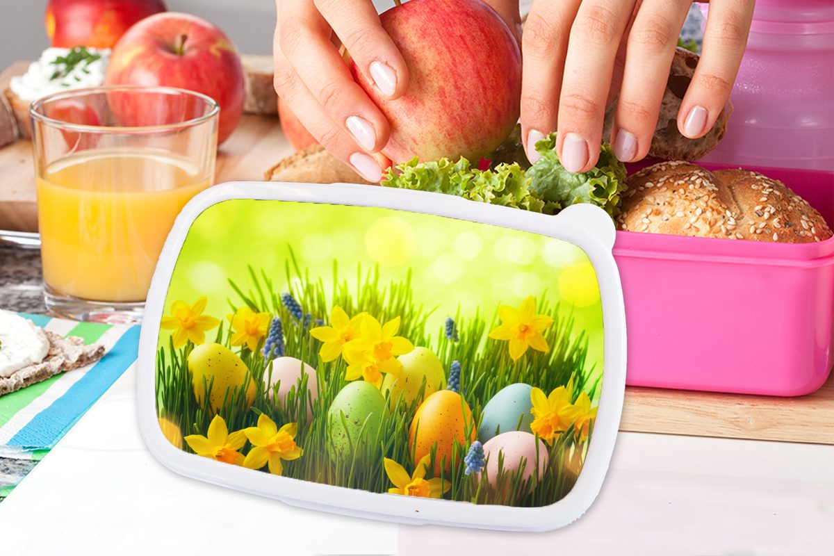 Lunchbox (2-tlg), Kunststoff Ostereier Kunststoff, rosa - MuchoWow Mädchen, Brotbox Brotdose für Snackbox, Kinder, Erwachsene, Narzisse, Frühling -