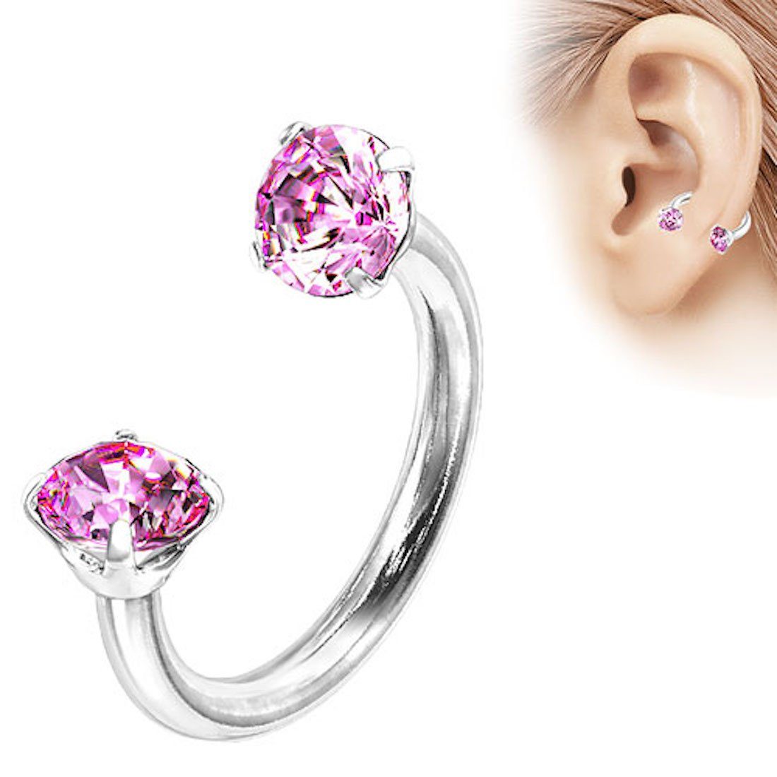 Taffstyle Piercing-Set Lippen Nasen Hufeisen Kristall Kugeln Innengewinde, Piercing Glitzer Ohr Lippen NaseHufeisen Horseshoe Tragus Helix Labret Silber - Rosa