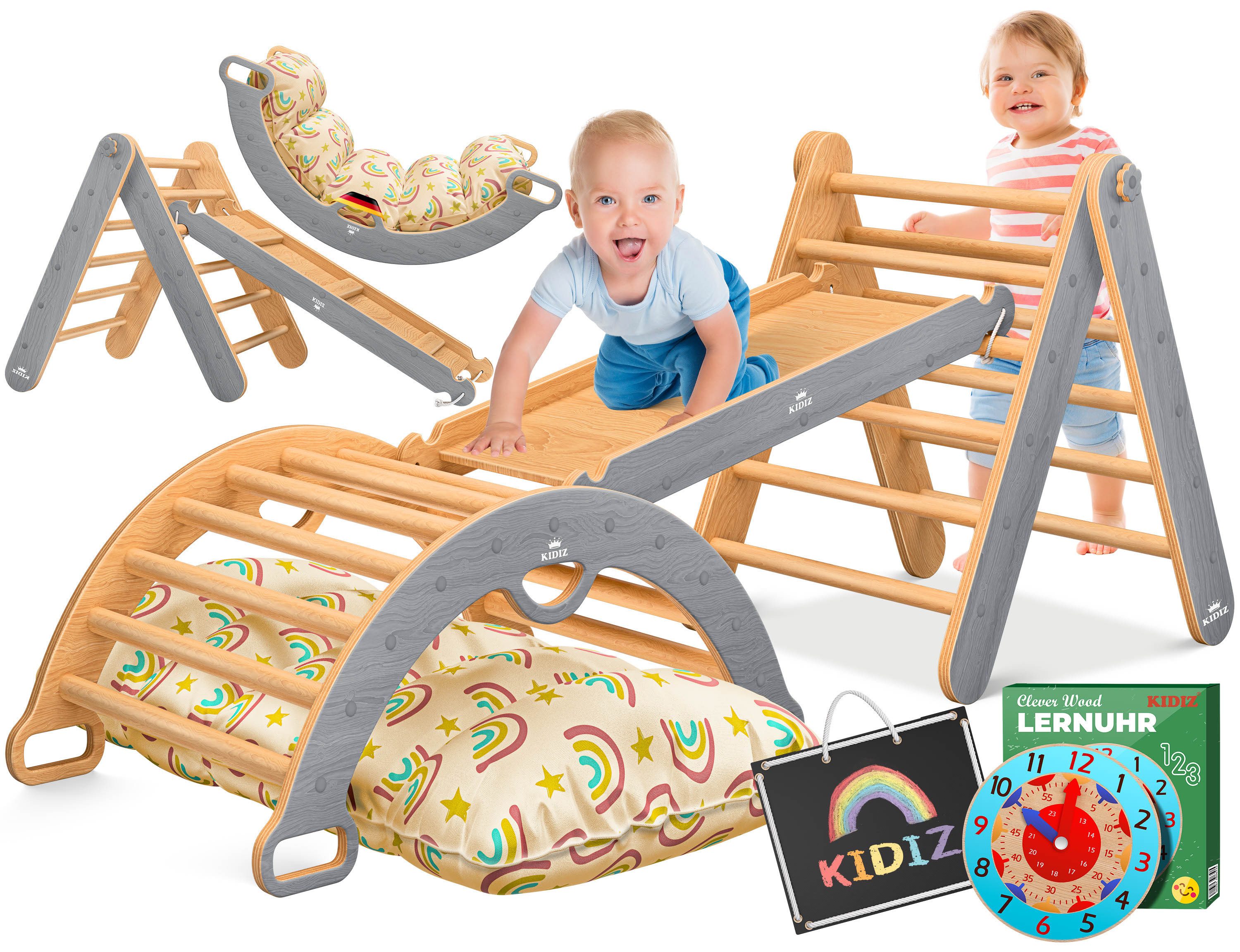 KIDIZ Klettergerüst mit Kletterbogen Montessori 7in1 Spiel-Set aus Holz, (inklusive Rutsche, Kletterdreieck, Kissen, Tafel & Lern-Uhr), Indoor Spielplatz für Kleinkinder ab 1 Jahr & Kinder bis 3 Jahre