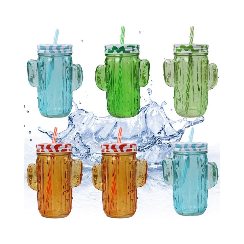 Haushaltshobel 6er Set Trinkgläser Kaktus Gläser 450ml mit Henkel Deckel & Mehrweg