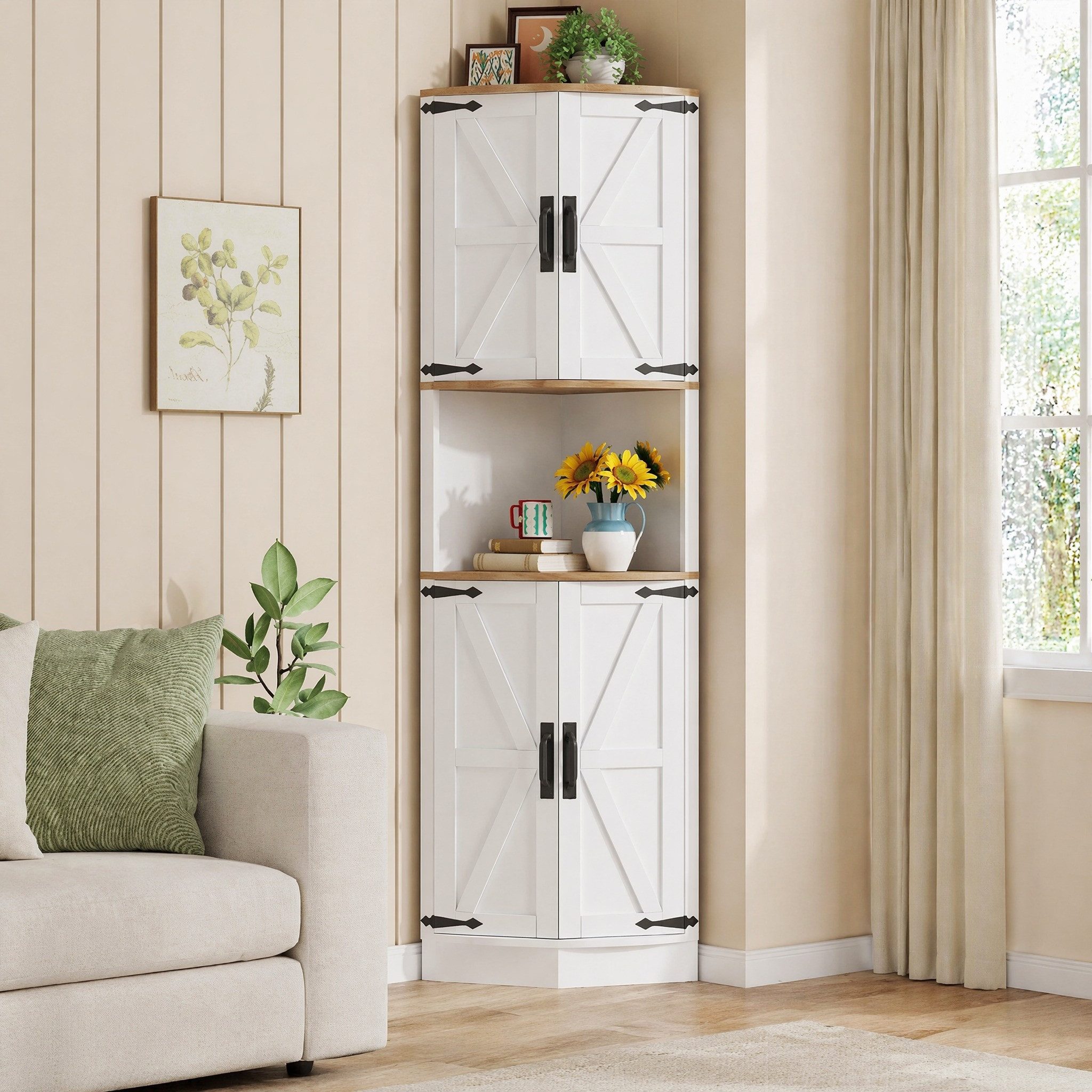 REDOM Eckschrank Platzsparendes Eckmöbelstück (mit 5 Staufächern, Vintage-Küchenschrank in weißer Holzoptik – platzsparend, stabil & vielseitig einsetzbar für Küche, Esszimmer & Wohnzimmer, ideal für Familien & Singles, 1-St., 39,5×39,5×180cm) mit Kippschutzvorrichtung