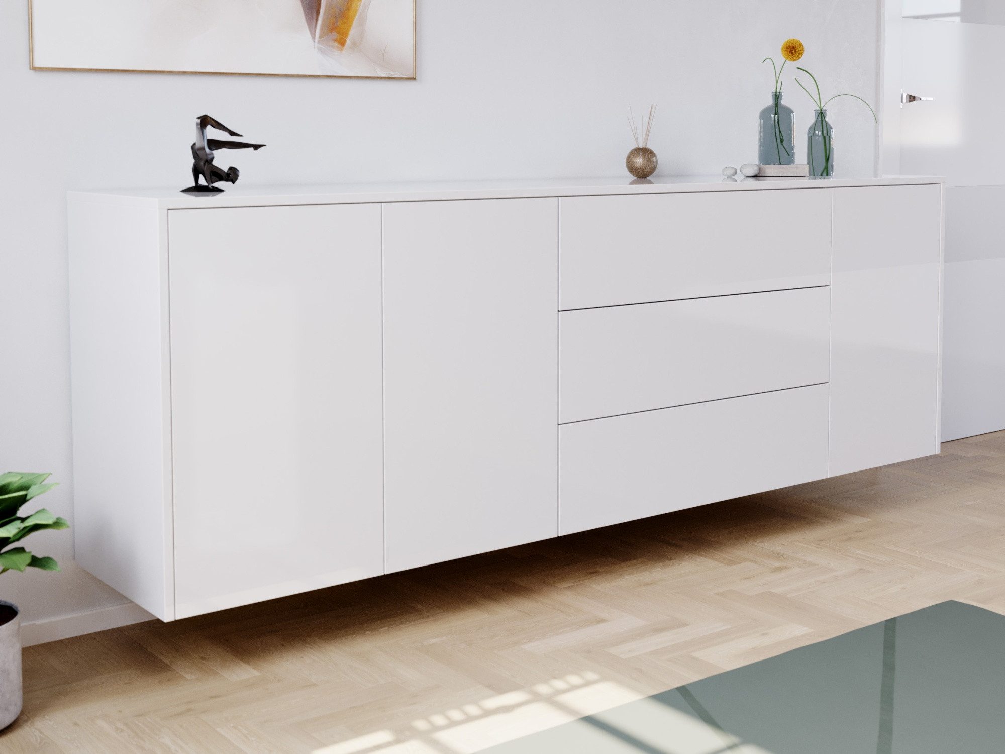 Magnolia Home Kommode Sideboard Silia B hängend 200cm 3 Türen 3 Pushauszüge Weiß Hgl