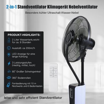 Bettizia Standventilator Fernbedienung 75W Ventilator mit Wasser 127cm prühnebel Display Timer, Oszillation Höhe & Kopf verstellbar, energiesparend, leise