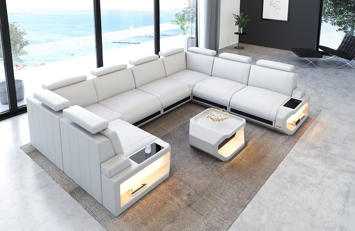 Sofa Dreams Wohnlandschaft Leder Couch Sofa Siena U Form Ledersofa, U-Form Ledersofa Wohnlandschaft mit LED-Beleuchtung und USB