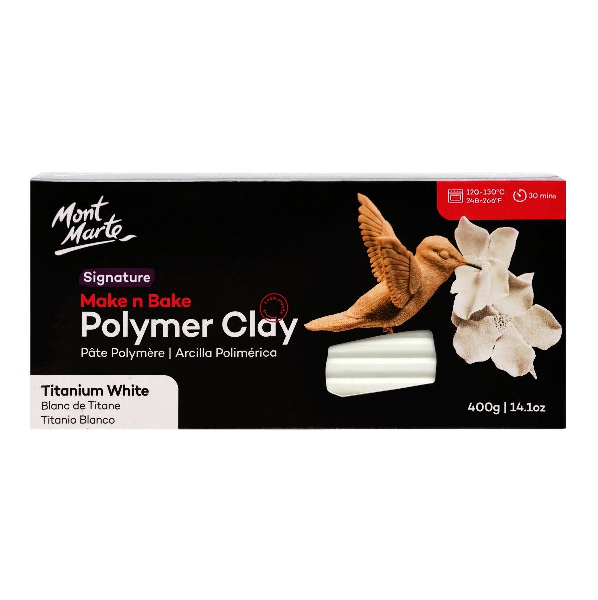 Mont Marte Modelliermasse Make n Bake Polymer Clay Weiß 400g -Weiche Modelliermasse, Ofenhärtend, geschmeidig & leicht zu formen-Ideal für Schmuck, Figuren & Skulpturen
