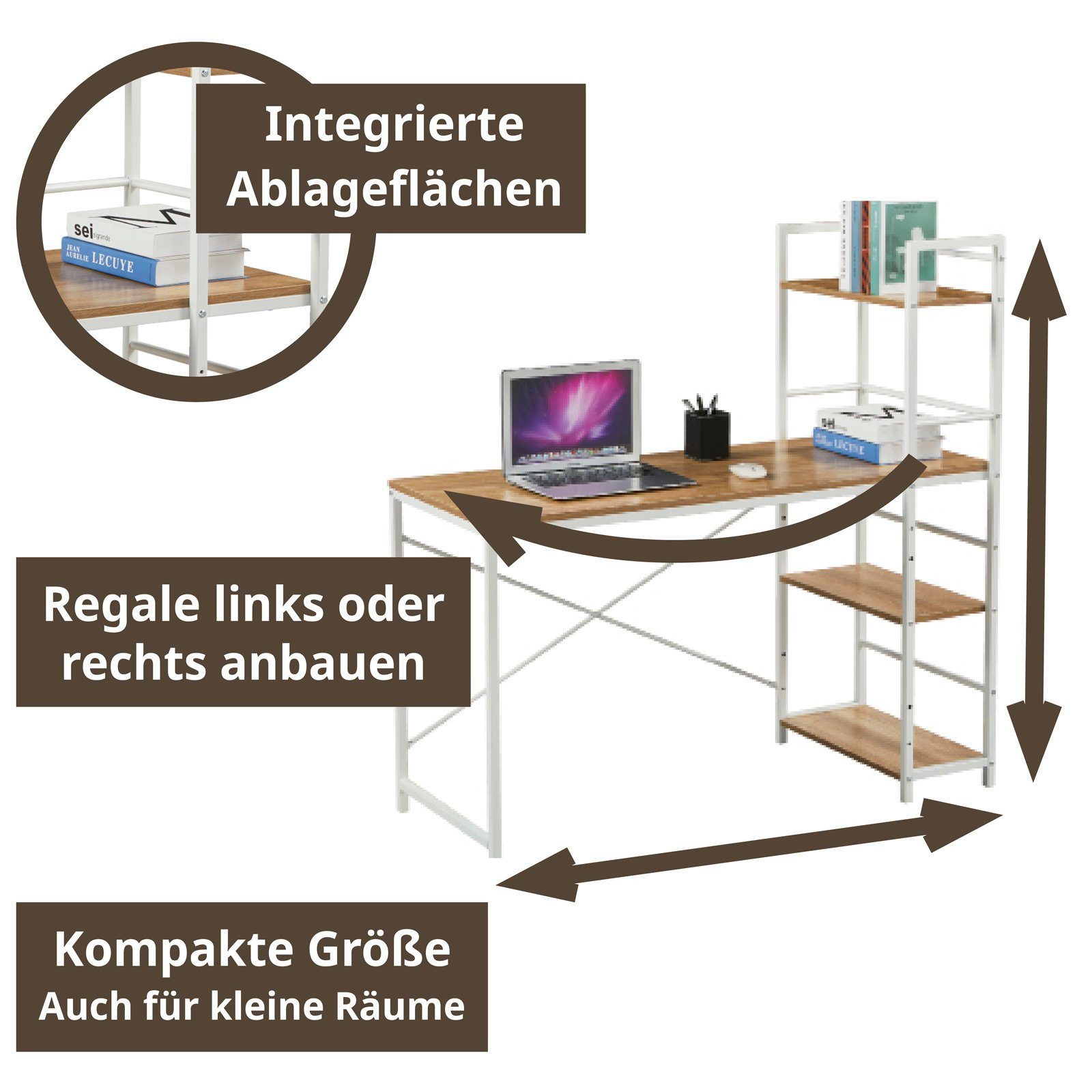 SVITA Schreibtisch COMBO2 (1-St., 1 Tisch mit Regal), Eichenholz-Optik, Vintage-Tischplatte, Metallgestell, Hellbraun