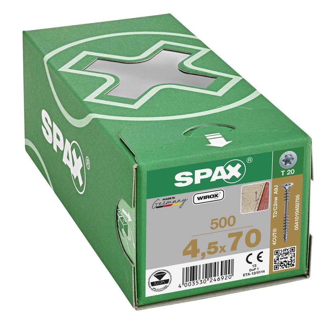 mm SPAX 4,5x70 500 verzinkt, Verlegeschraube, Spanplattenschraube weiß (Stahl St),