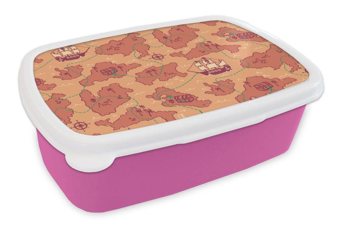 MuchoWow Lunchbox Pirat - Karte - Schnittmuster - Kinder, Kunststoff, (2-tlg), Brotbox für Erwachsene, Brotdose Kinder, Snackbox, Mädchen, Kunststoff rosa