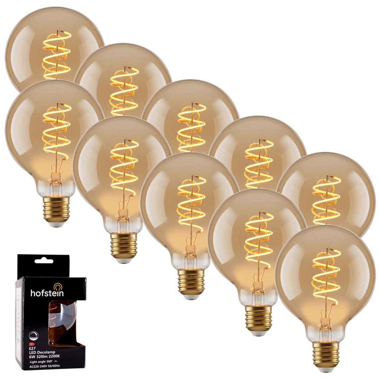 hofstein LED-Leuchtmittel 10er Set Glühbirne Extra Warmweiß dimmbar 6 Watt, E27, 2200 Kelvin, 320 Lumen, Globe Vintage, Filament Spirale, Amber