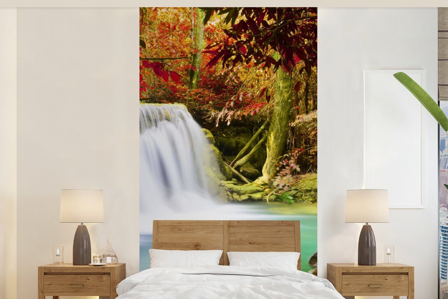MuchoWow Fototapete Herbst - Wasserfall - Natur, Matt, bedruckt, (2 St), Vliestapete für Wohnzimmer Schlafzimmer Küche, Fototapete