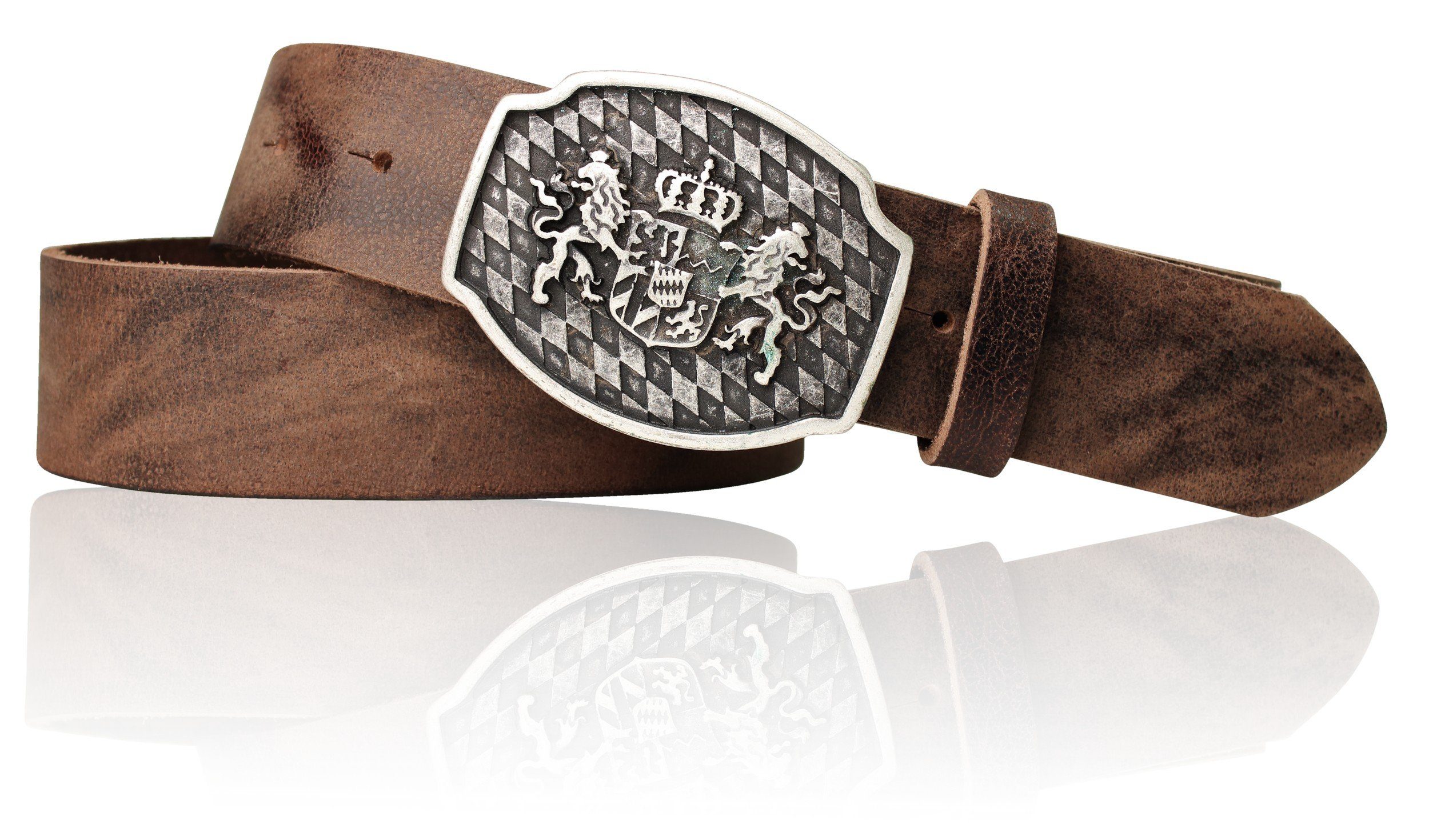 FRONHOFER Ledergürtel 18087 Trachtengürtel mit Bayernschnalle, Löwen Wappen und Vintage-braun
