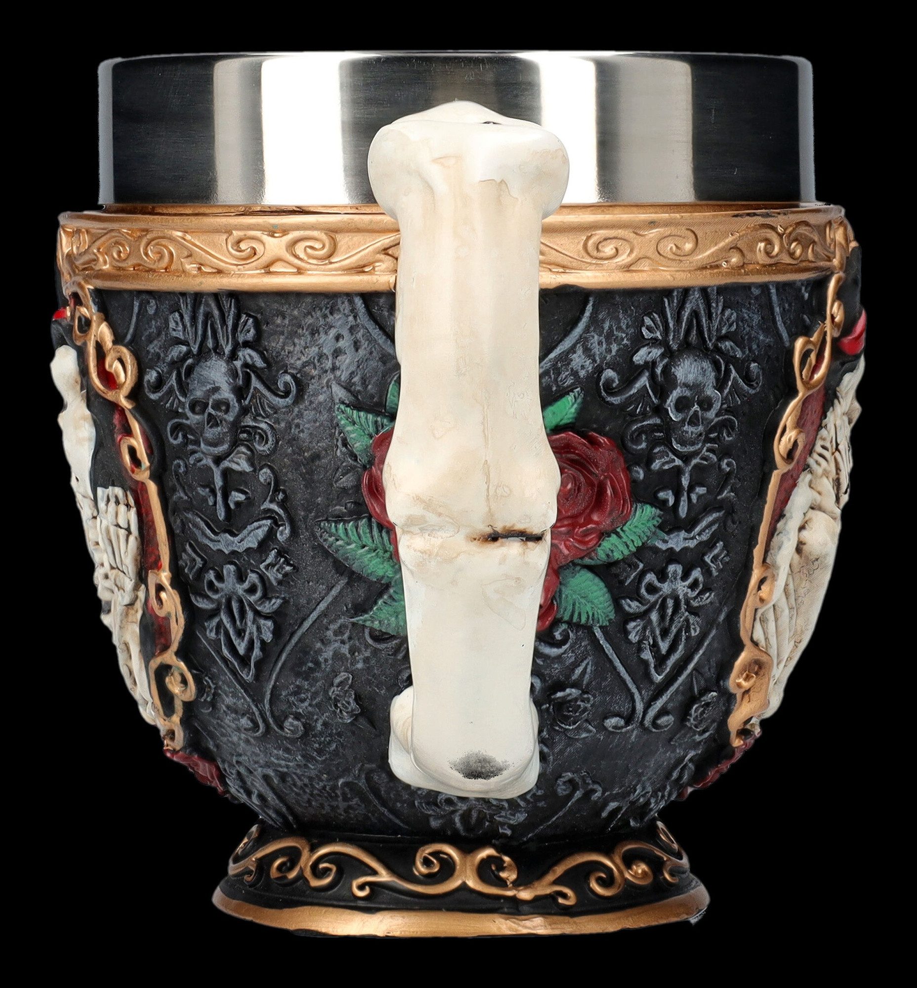 Figuren Shop GmbH Tasse Teetasse - Skelett Liebespaar - Fantasy Gothic Kaffeetasse Deko Tasse, Kunststein (Polyresin), Edelstahl