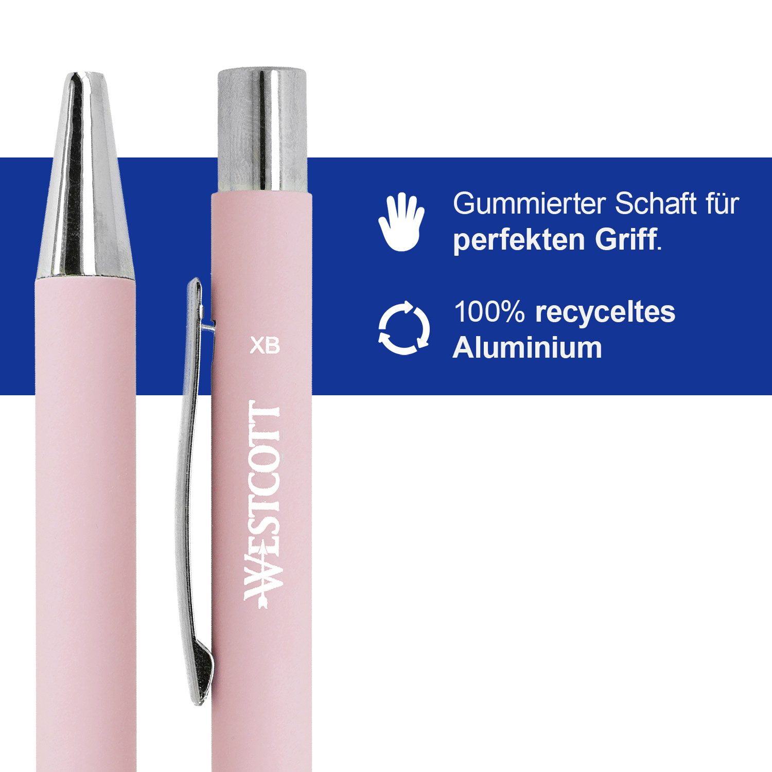 WESTCOTT Druckkugelschreiber Premium Kugelschreiber 5 Stück Rosa, XB 1,4mm blaue Tinte, (Vorteilspack, 5-tlg), aus Aluminium, dokumentenecht