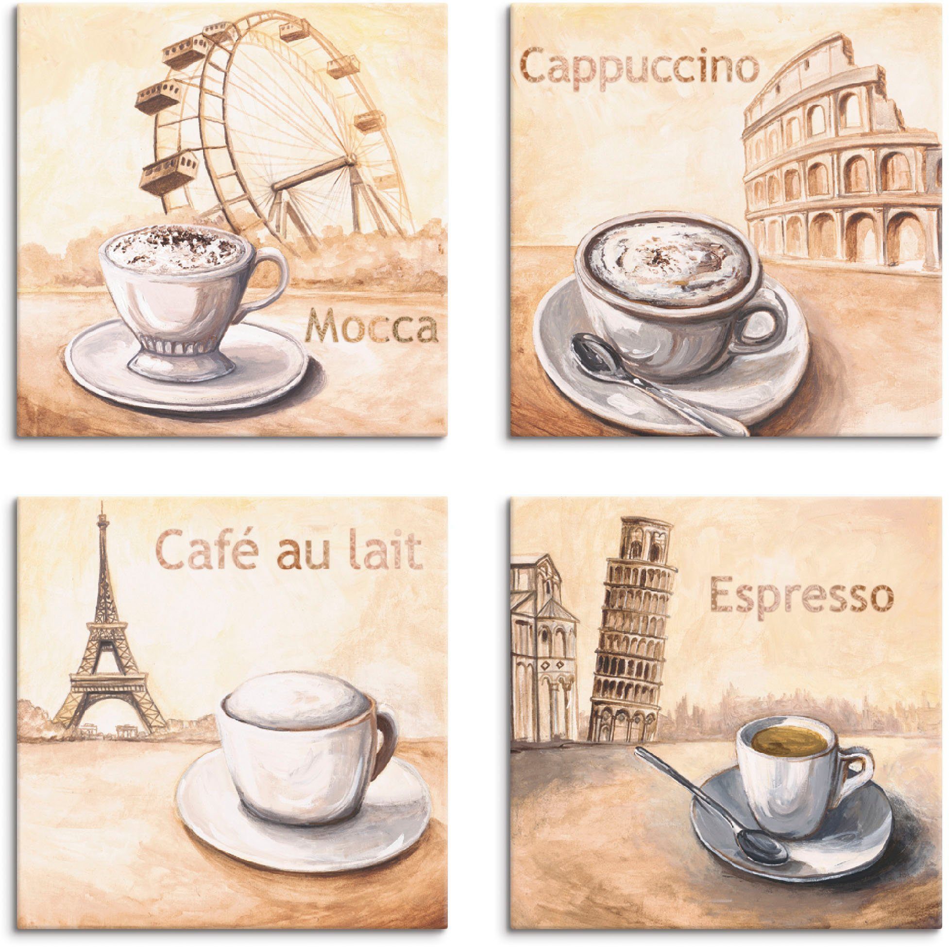 Café (4 Cappuccino Espresso, lait Artland Mocca verschiedene Größen Leinwandbild Getränke au Set, St), 4er