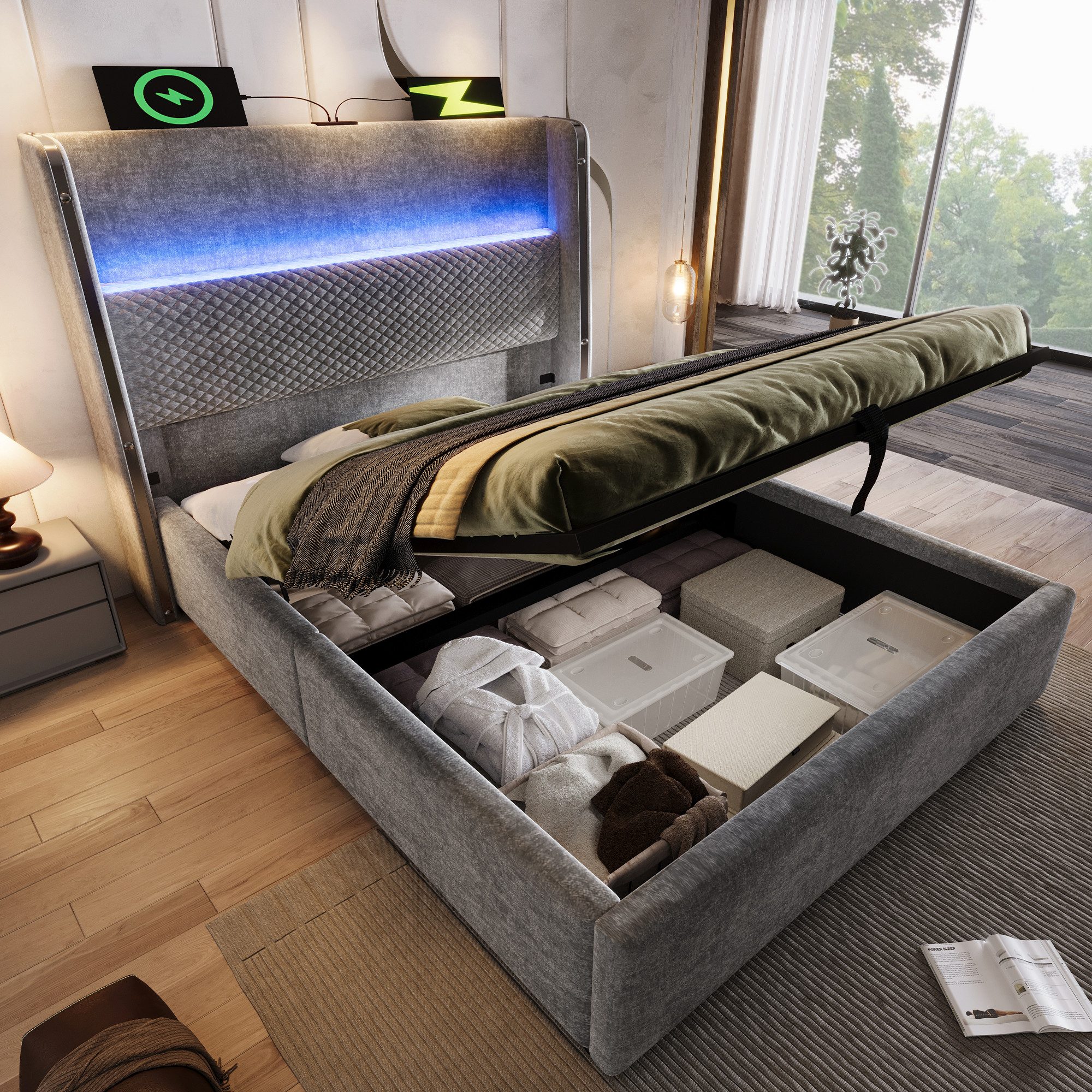 STILVORA Polsterbett 90x200 mit Bettkasten,Stauraumbett Bettgestell mit LED günstig online kaufen