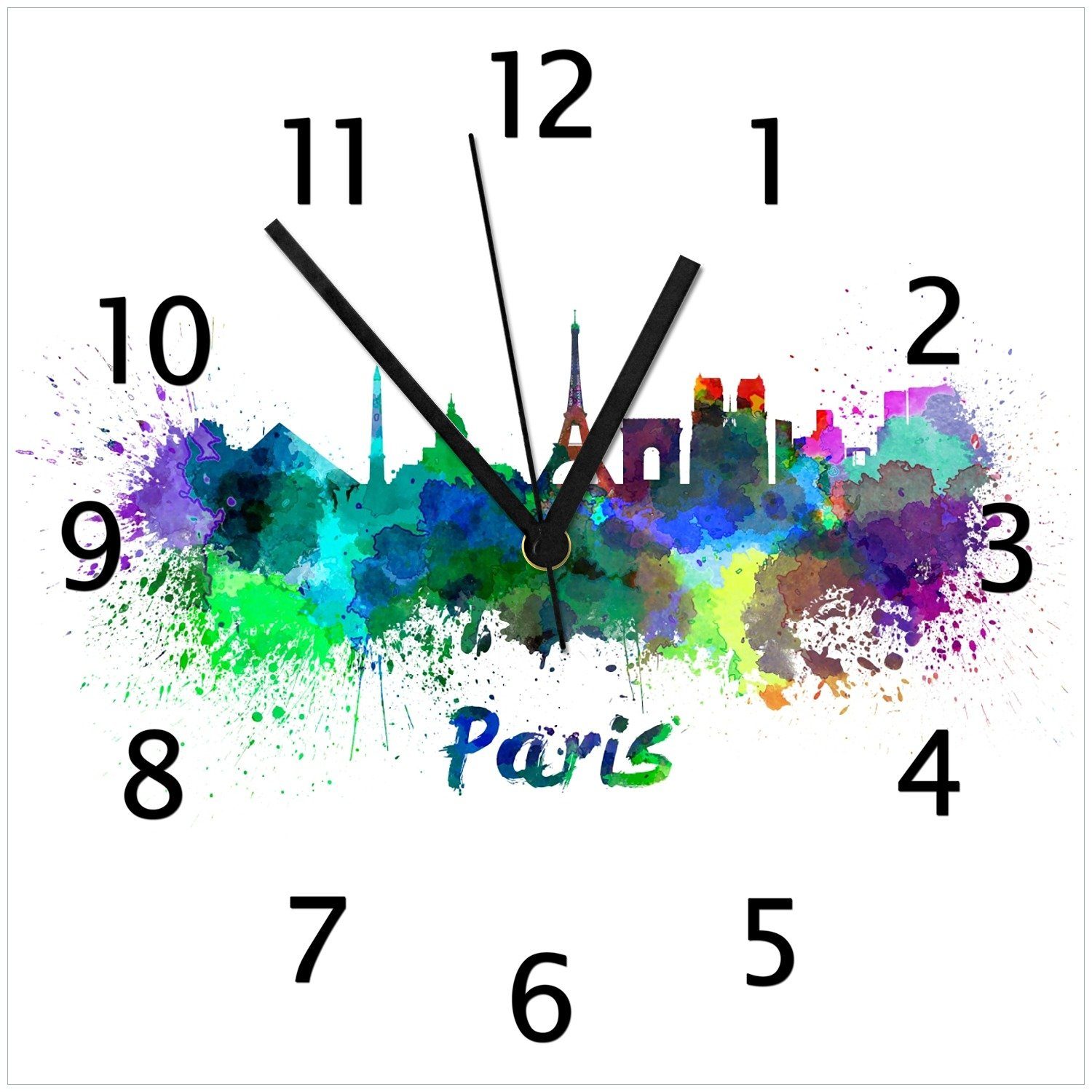 Wallario Wanduhr Städte als Aquarell - Skyline von Paris (Glasuhr)