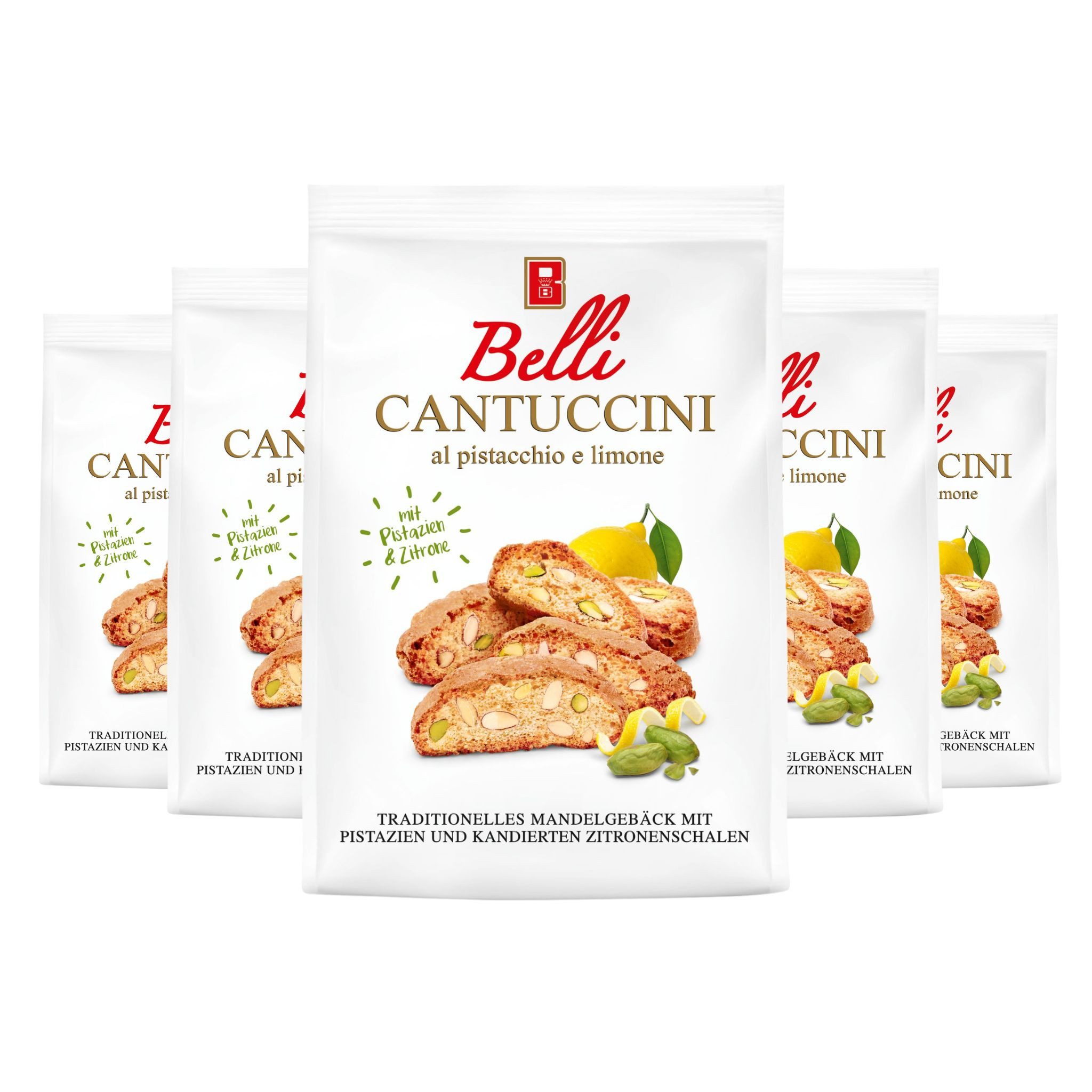 Belli Cantuccini Kekse Belli Cantuccini Mandelgebäck mit Pistazien kandierten Zitronenschalen, 5 x 250 g, (5x 250g)