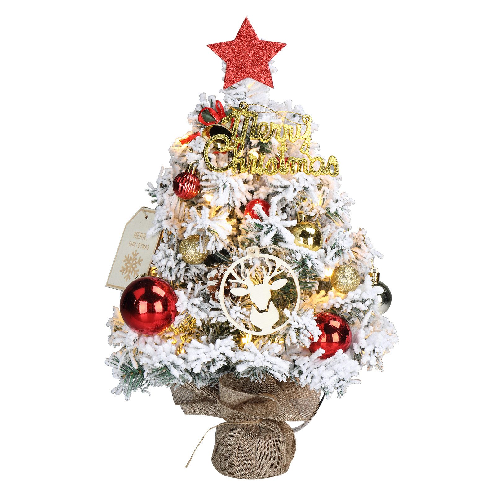 VINGLI Künstlicher Weihnachtsbaum mit Lichtern, Weihnachtsdeko mit Metallständer, für innen & Außen, Schneeflocken-Effekt, 30 Warmweiße LEDs, 3 Modi, 50 Spitzen, 40 cm