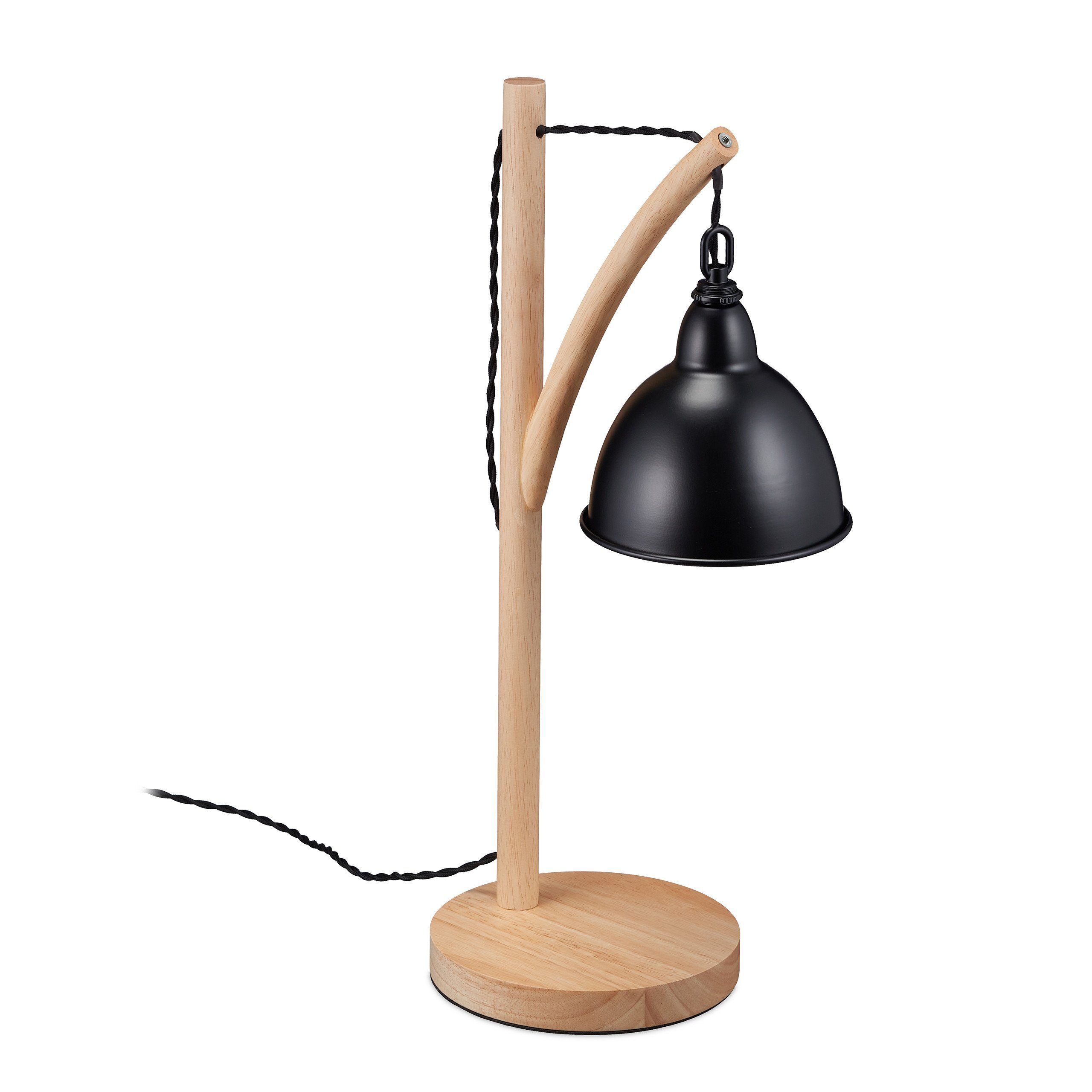 relaxdays Tischleuchte hängendem Schwarz Lampenschirm, Hellbraun Schwarz mit Tischlampe