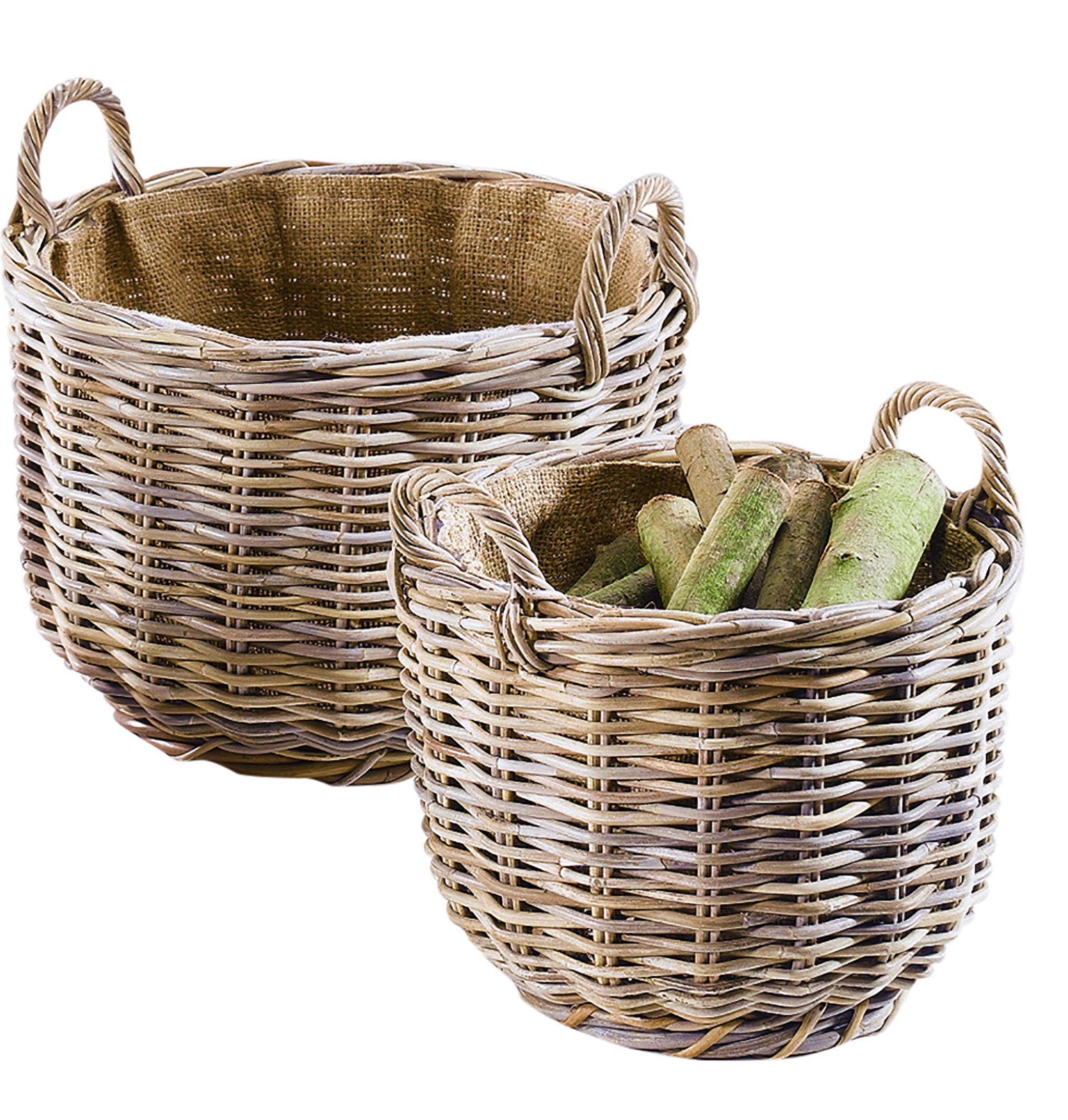 Kobolo rund mit aus Rattan Rattankorb Leinenstoff Kaminholzkorb Set, 2er