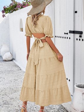 AFAZ New Trading UG Sommerkleid Tailliertes, einfarbiges Damenkleid mit kurzen Ärmeln Plissierter, hüftloser langer Damenrock