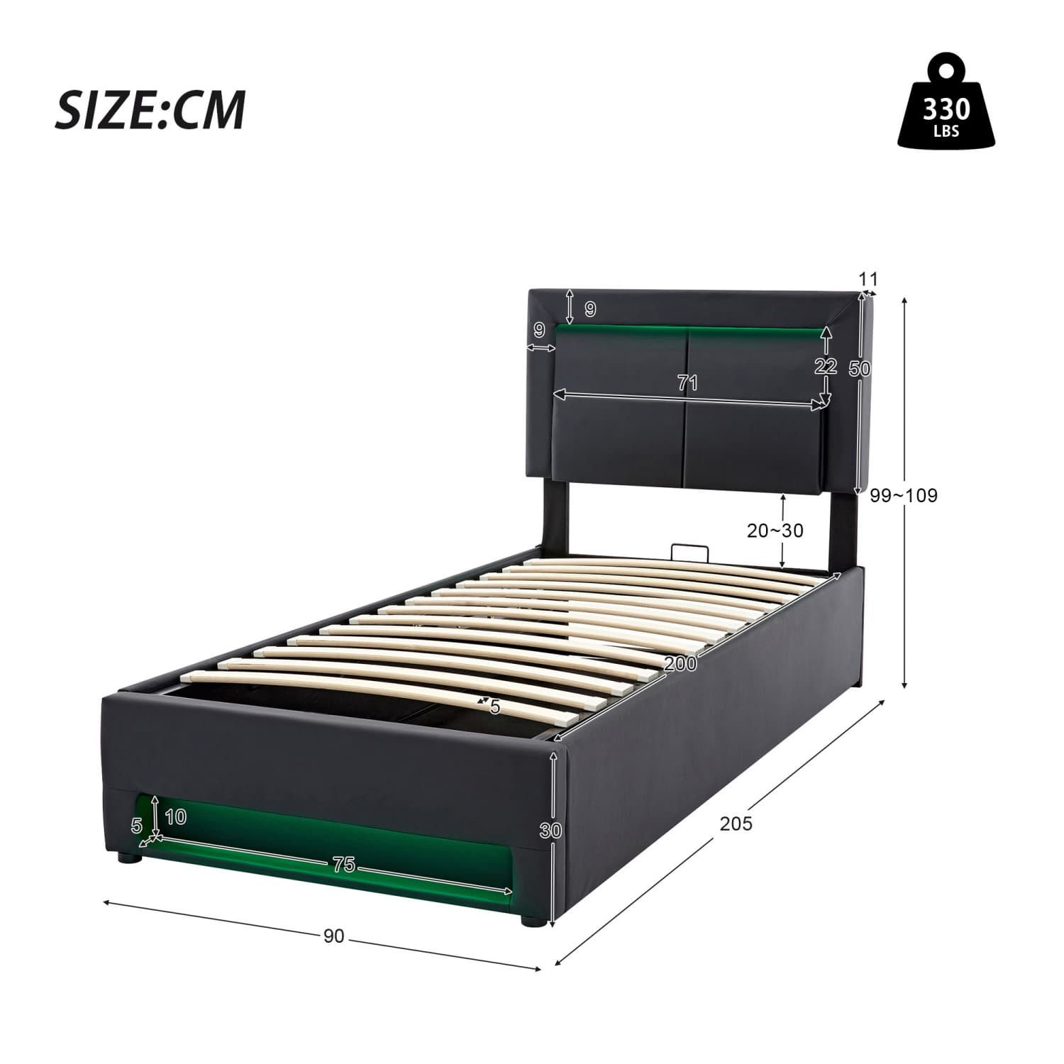 ANYSUN Polsterbett Doppelbett mit LED-Beleuchtung,USB-Anschluss,ohne Matratze,Lattenrost (Bett), Hydraulisch anhebbarer Stauraumbett,90cm×200cm,150kg Tragfähigkeit