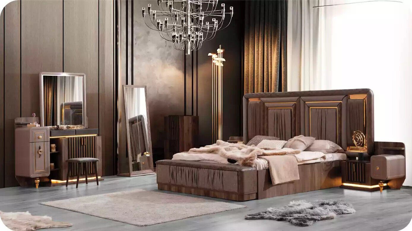 in Bettkasten Made Garnitur Set Luxus Bett/2x Europa JVmoebel Schlafzimmer-Set Stoff Beige Bett Schlafzimmer, Doppelbett Nachttische/Schminktisch/Bodenspiegel/Kommode), (6-St.,