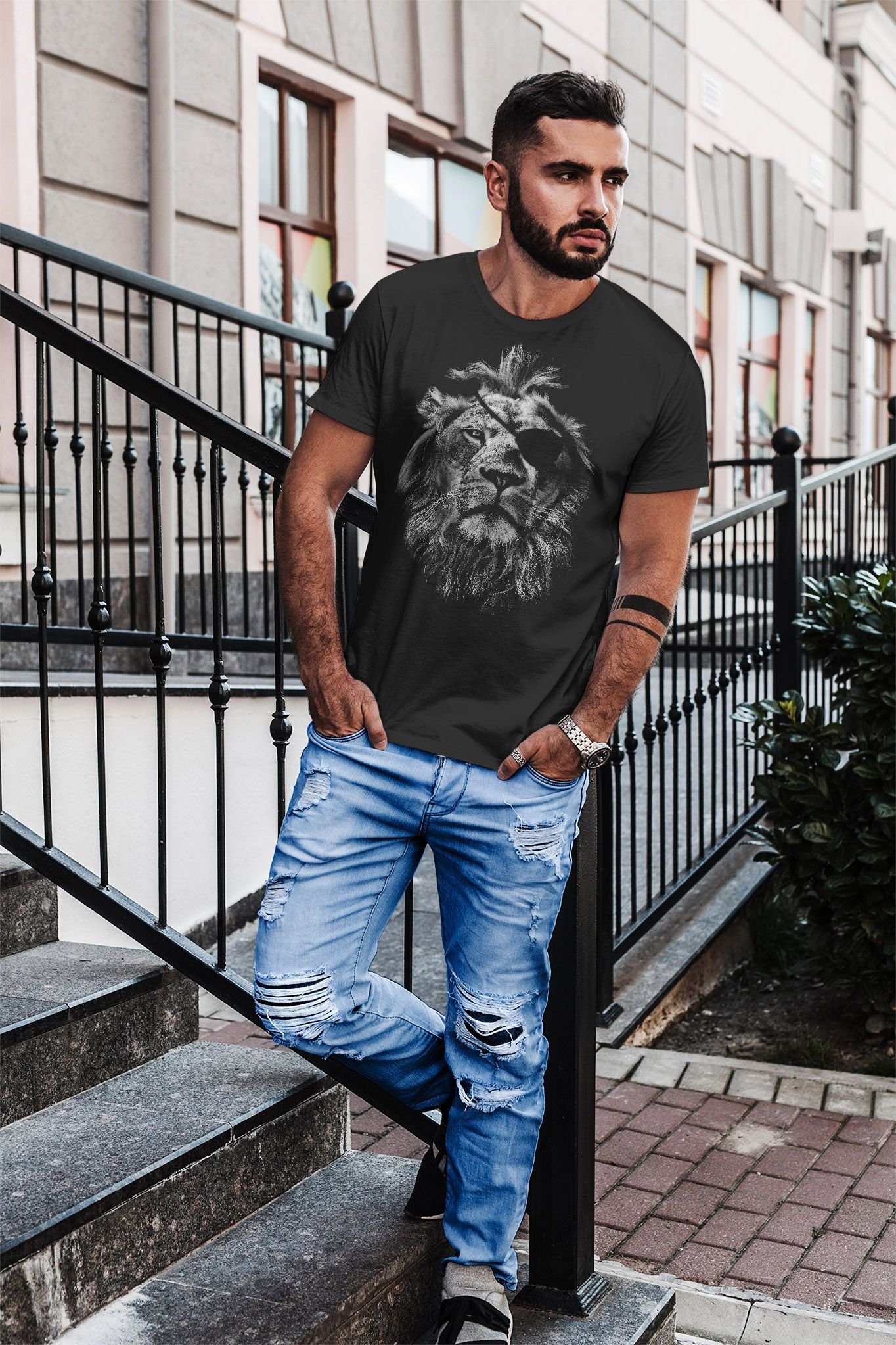 Neverless Print-Shirt Cooles Herren T-Shirt Löwe Print Aufdruck Motiv Slim Fit mit Print – Bild 3 von 3