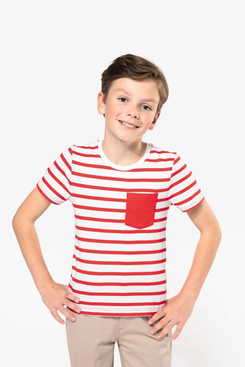 T-Shirt Gestreiftes Kurzarm-T-Shirt mit Tasche für Kinder im Marine-