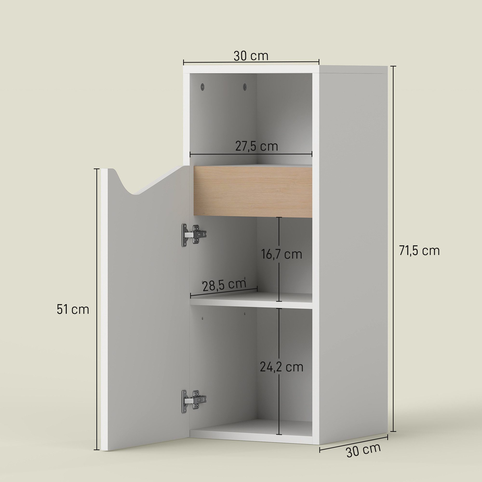 HOMCOM Badkommode Badschrank mit offenem Fach Badezimmer 30x30x71,5cm Weiß (Toilettenschrank, 1 St., 1 Badezimmerschrank), Schmal, Soft-Close-Tür, verstellbare  – Bild 3 von 5