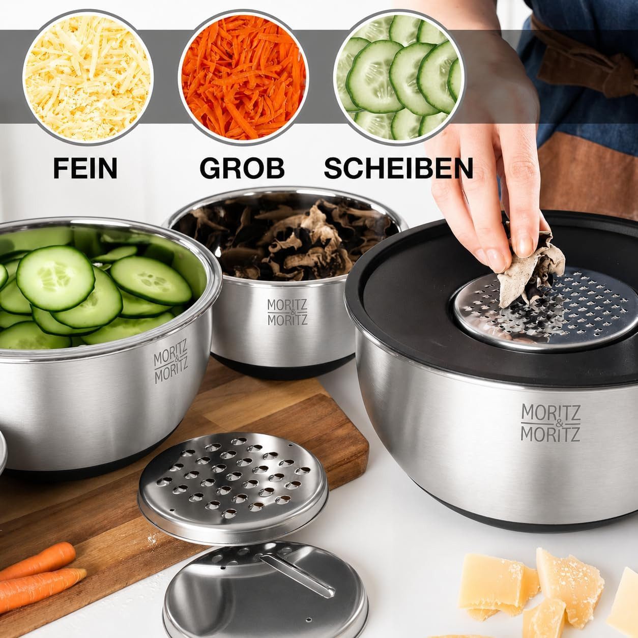 Moritz & Moritz Schüssel Edelstahl Rührschüssel Set mit Deckel, Edelstahl, (Set, 5-tlg), Premium Edelstahl, Rostfrei