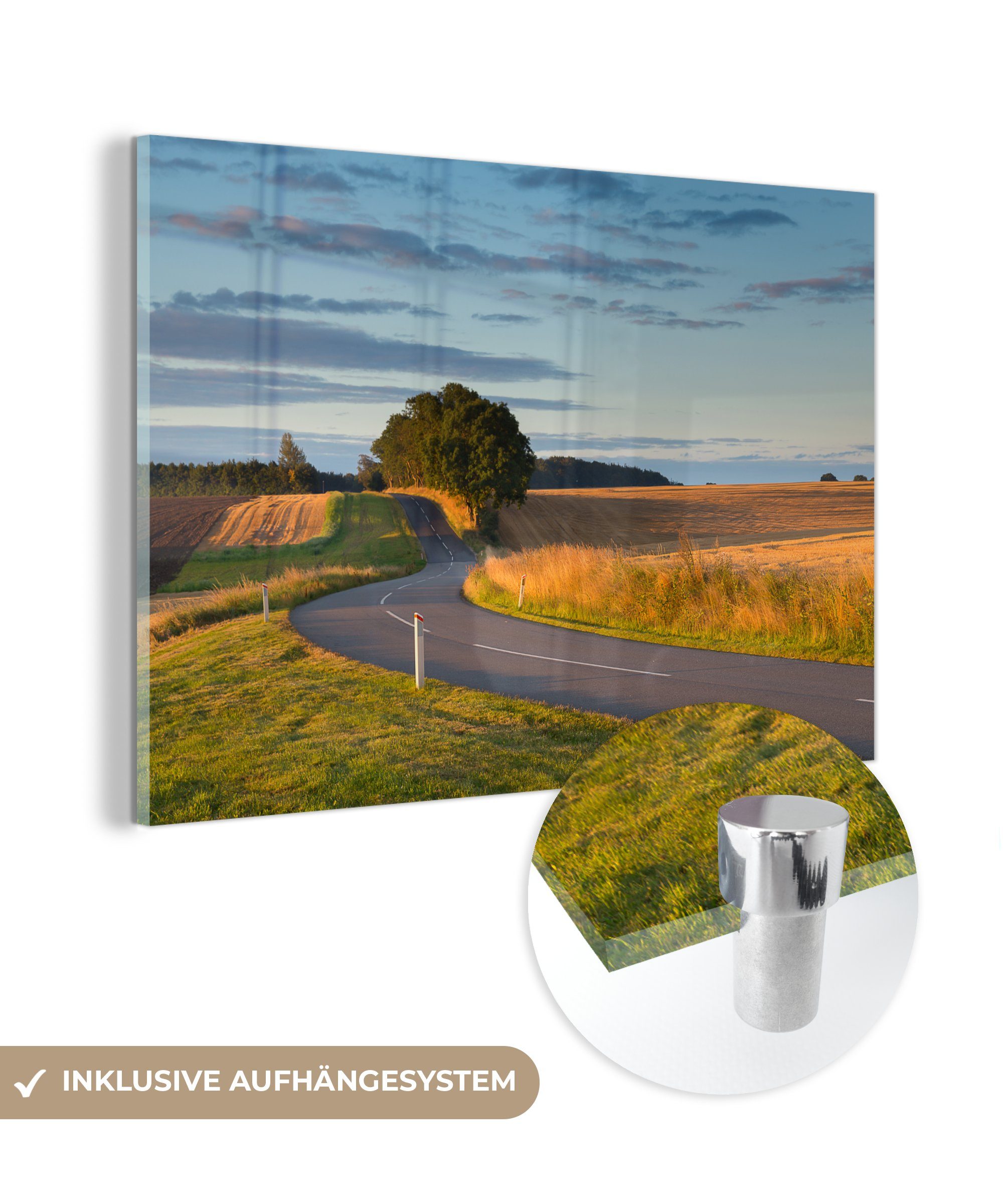 MuchoWow Acrylglasbild Straße durch Felder in Dänemark, (1 St), Acrylglasbilder Wohnzimmer & Schlafzimmer