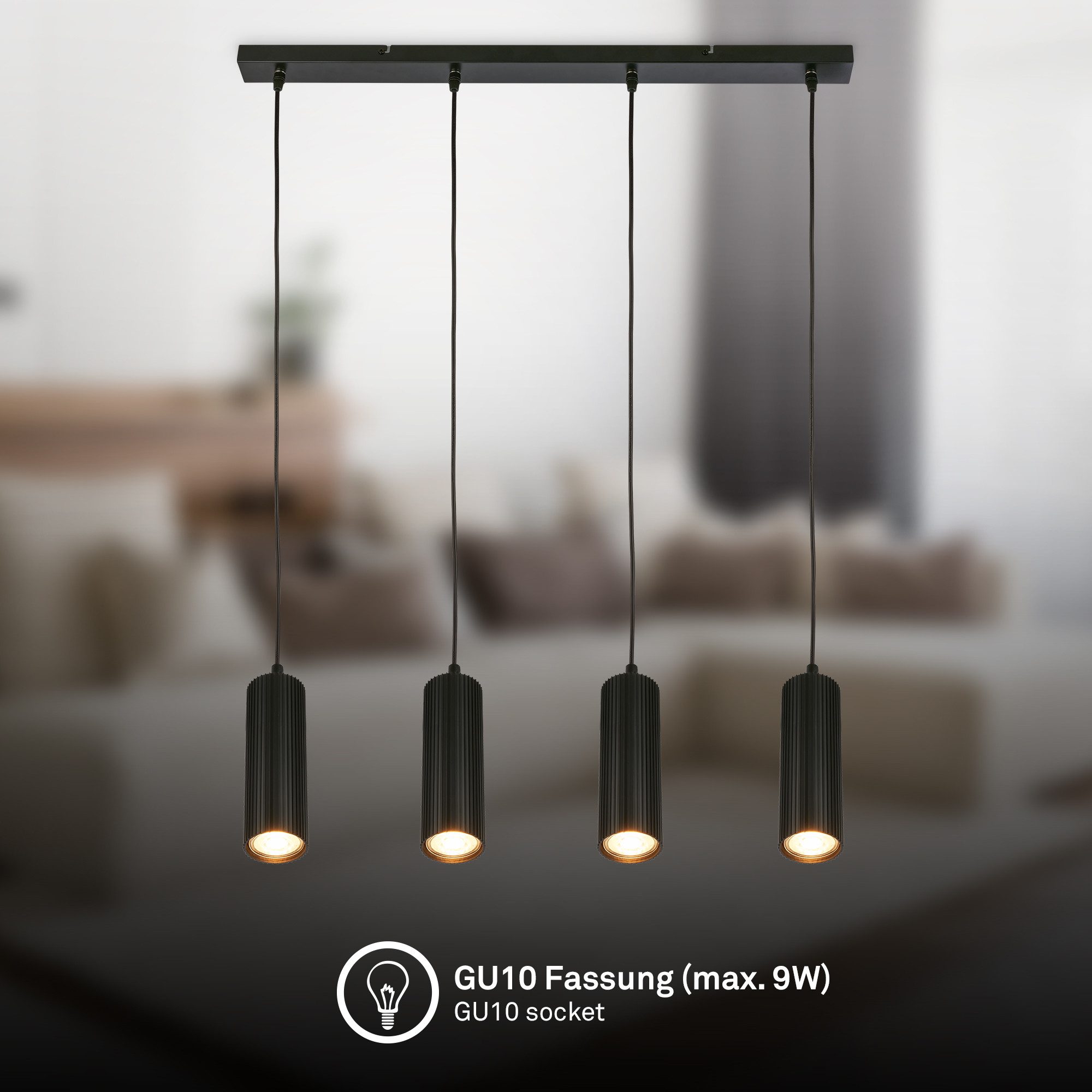 Briloner Leuchten LED Pendelleuchte Hängelampe Höhenverstellbar GU10 Riffle-Optik, 4-Flammig, ohne Leuchtmittel, Abhängig vom Leuchtmittel, 20x120 cm, Esszimmer, Esstisch, Wohnzimmer