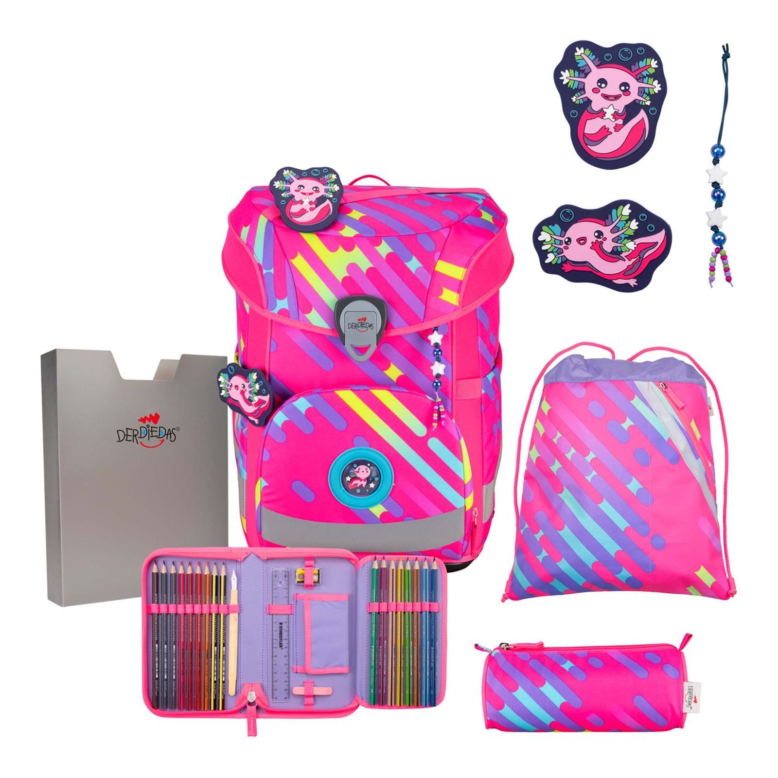 DerDieDas® Schulranzen Exklusiv Neon Schulranzenset 5-teilig (Set, 5-tlg)