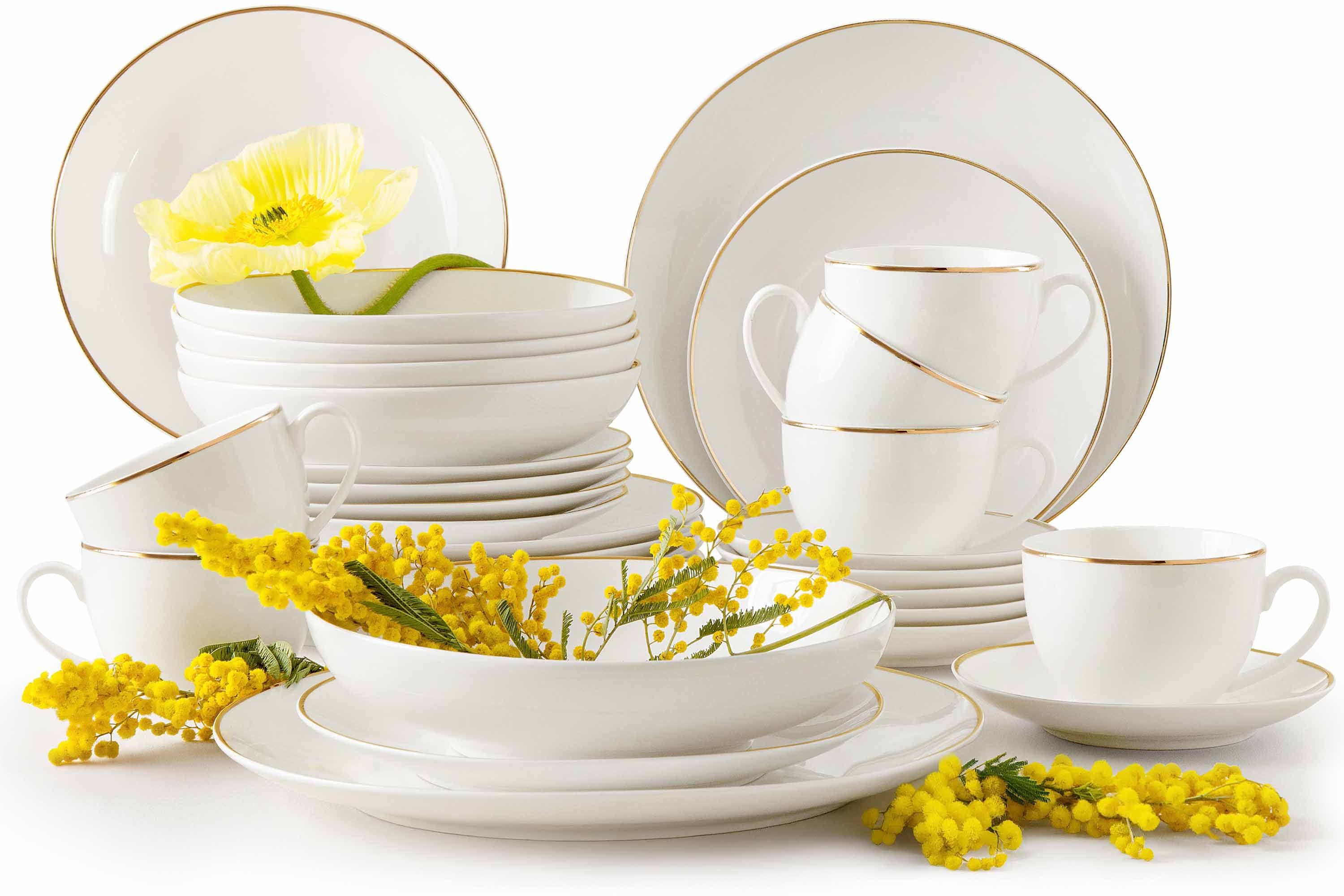 KONSIMO® Kombiservice AD BELLA Kaffeeservice, Tafelservice, Hartporzellan (30-tlg), 6 Personen, Porzellan, ecru Farbe mit Goldlinie, Handwäsche empfohlen, Elegant