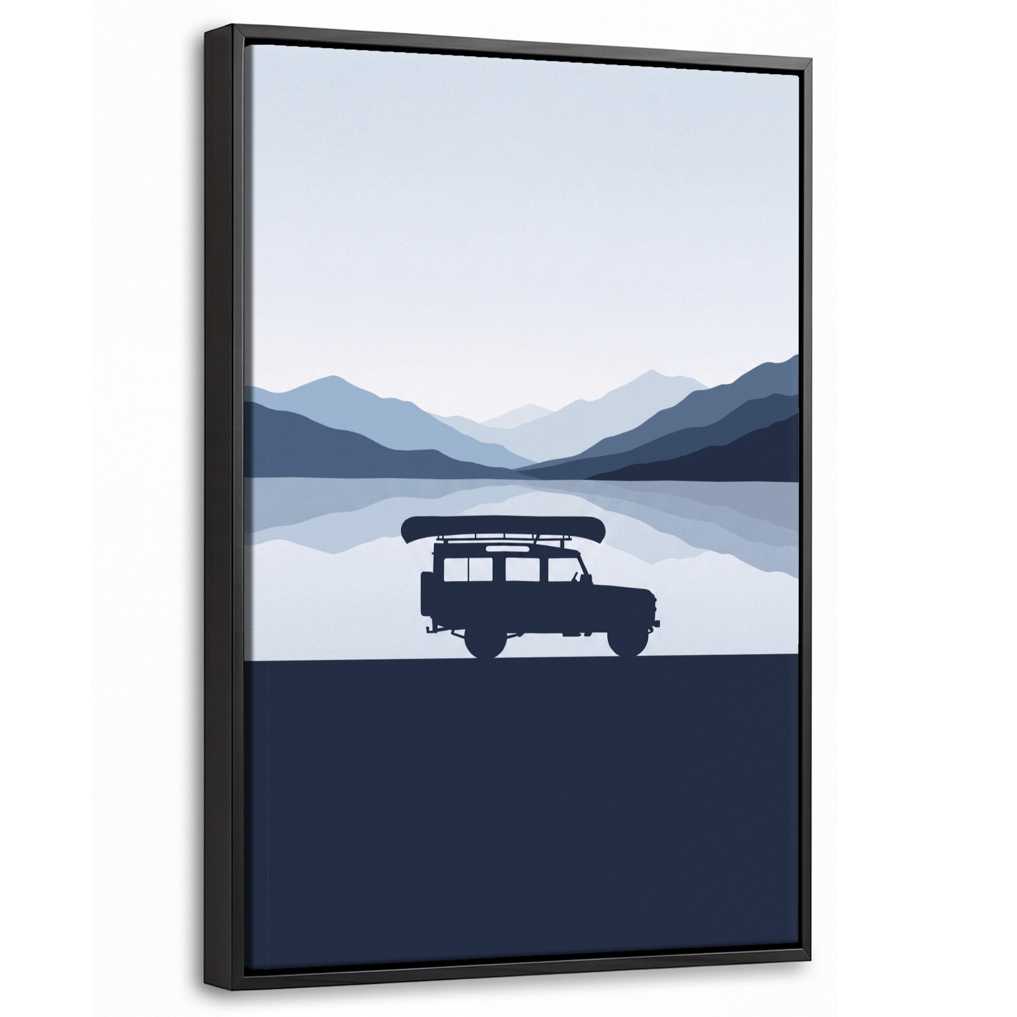 OneMillionCanvasses® Leinwandbild mit Rahmen - Auto - See - Berge - Blau, Fotodruck (1 St), Deko für Wohnzimmer Schlafzimmer Küche 20x30cm